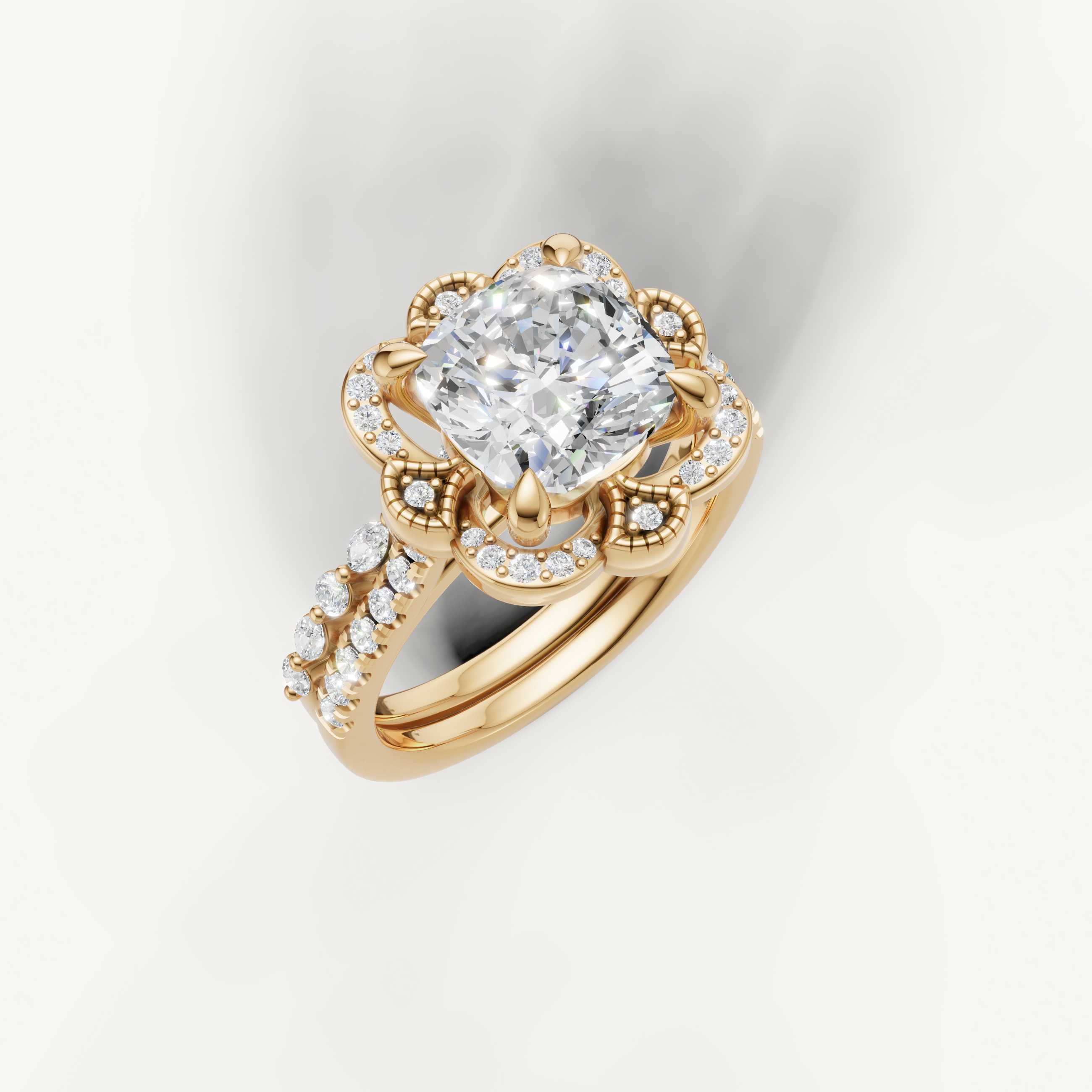 Elegant Cushion Diamond Bridal Ring Set with Vintage Floral Halo Yellow Gold