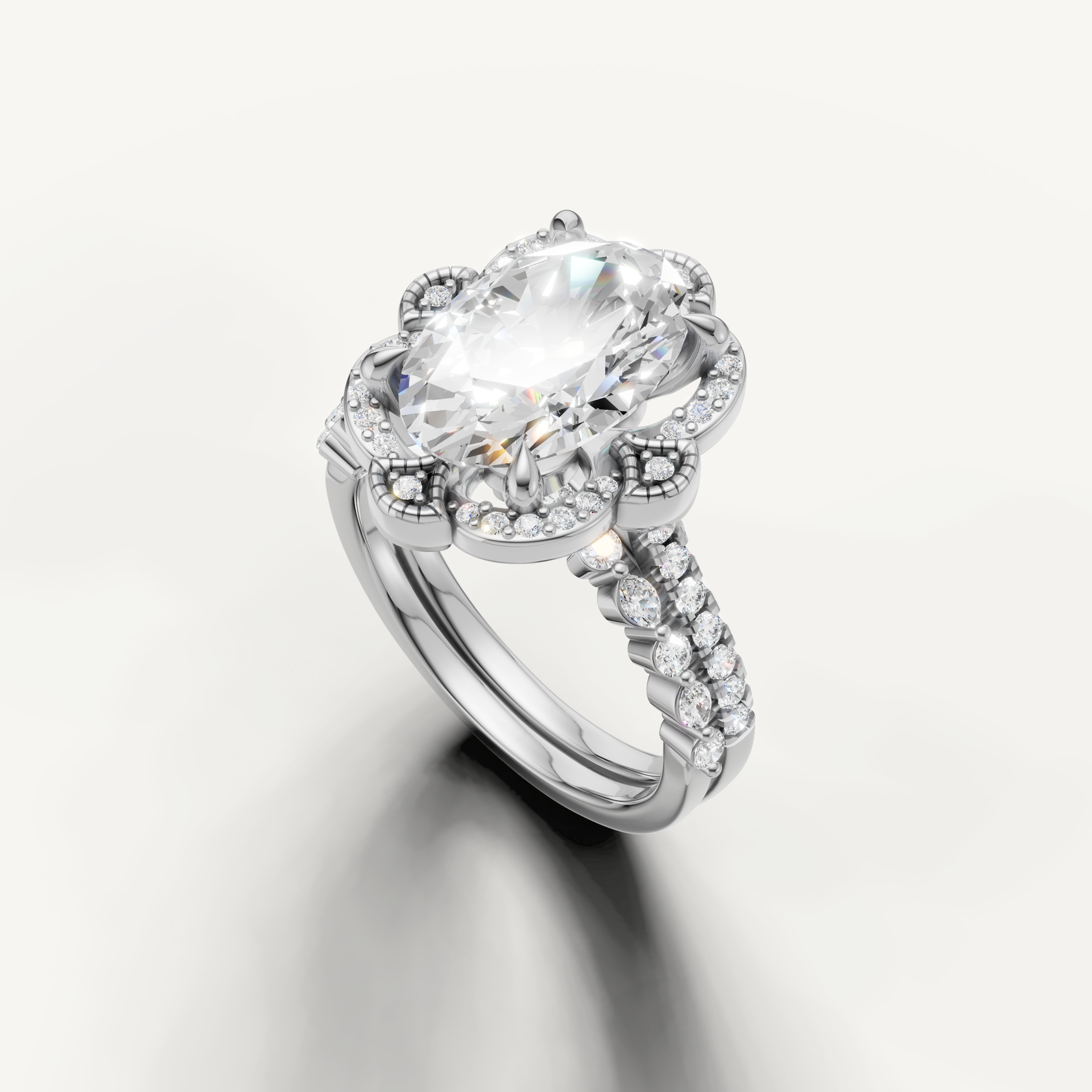 Modern Oval Cut Lab Grown Diamond Bridal Set with Floral Pavé Halo White Gold