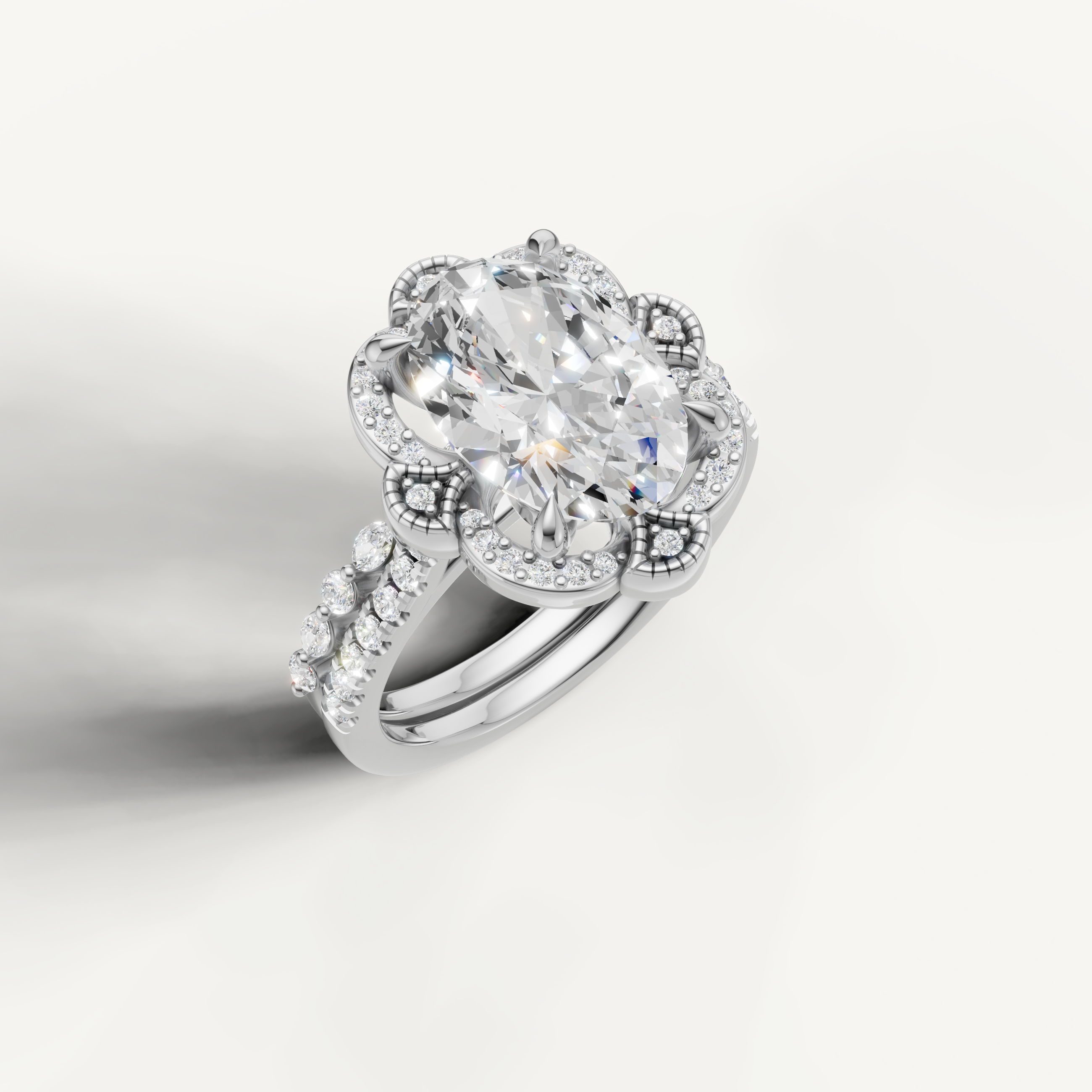 Classic Oval Diamond Bridal Ring Set with Vintage Halo White Gold