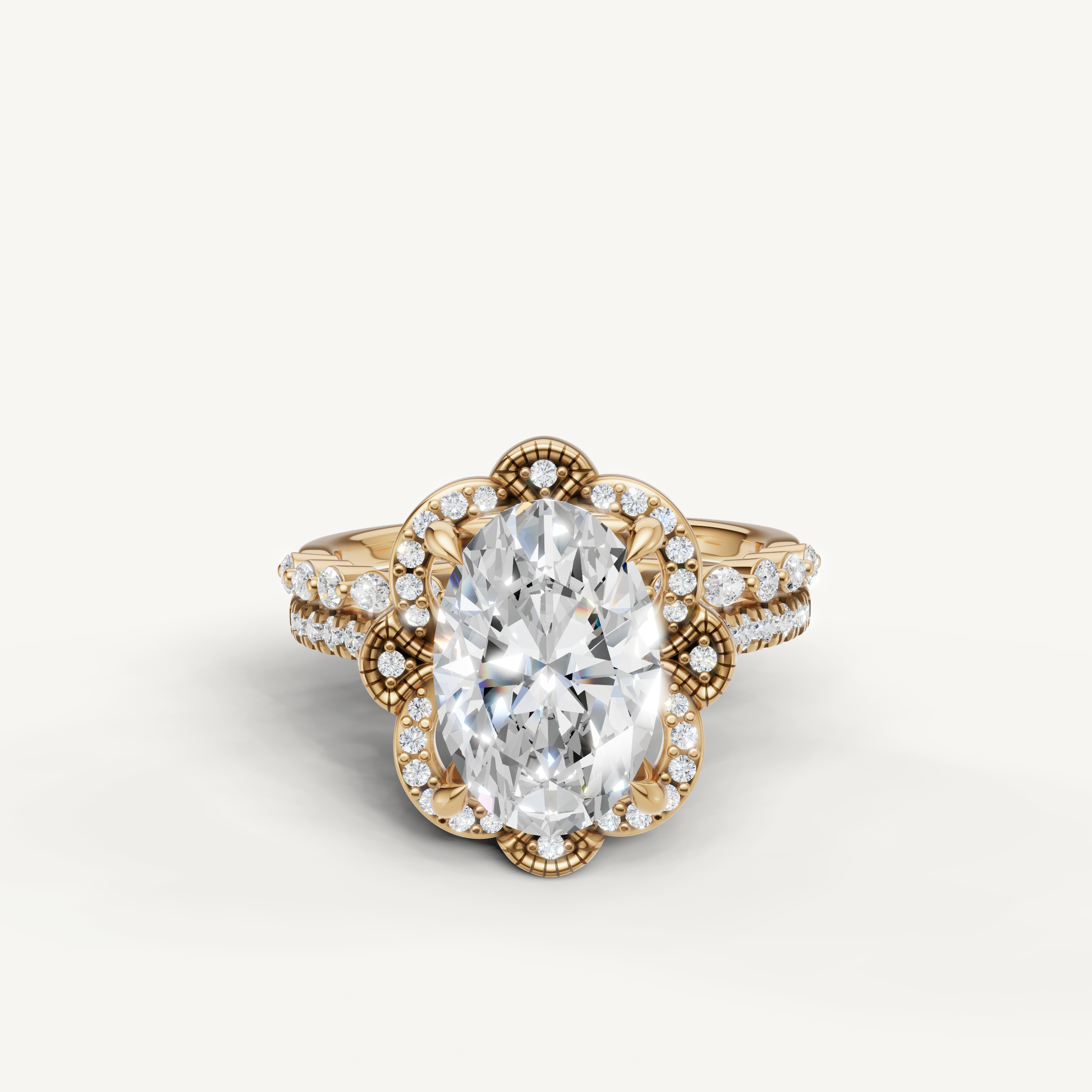 Raul Diamonds Oval Cut Lab Grown Diamond Floral Halo Bridal Set in 14K Yellow Gold