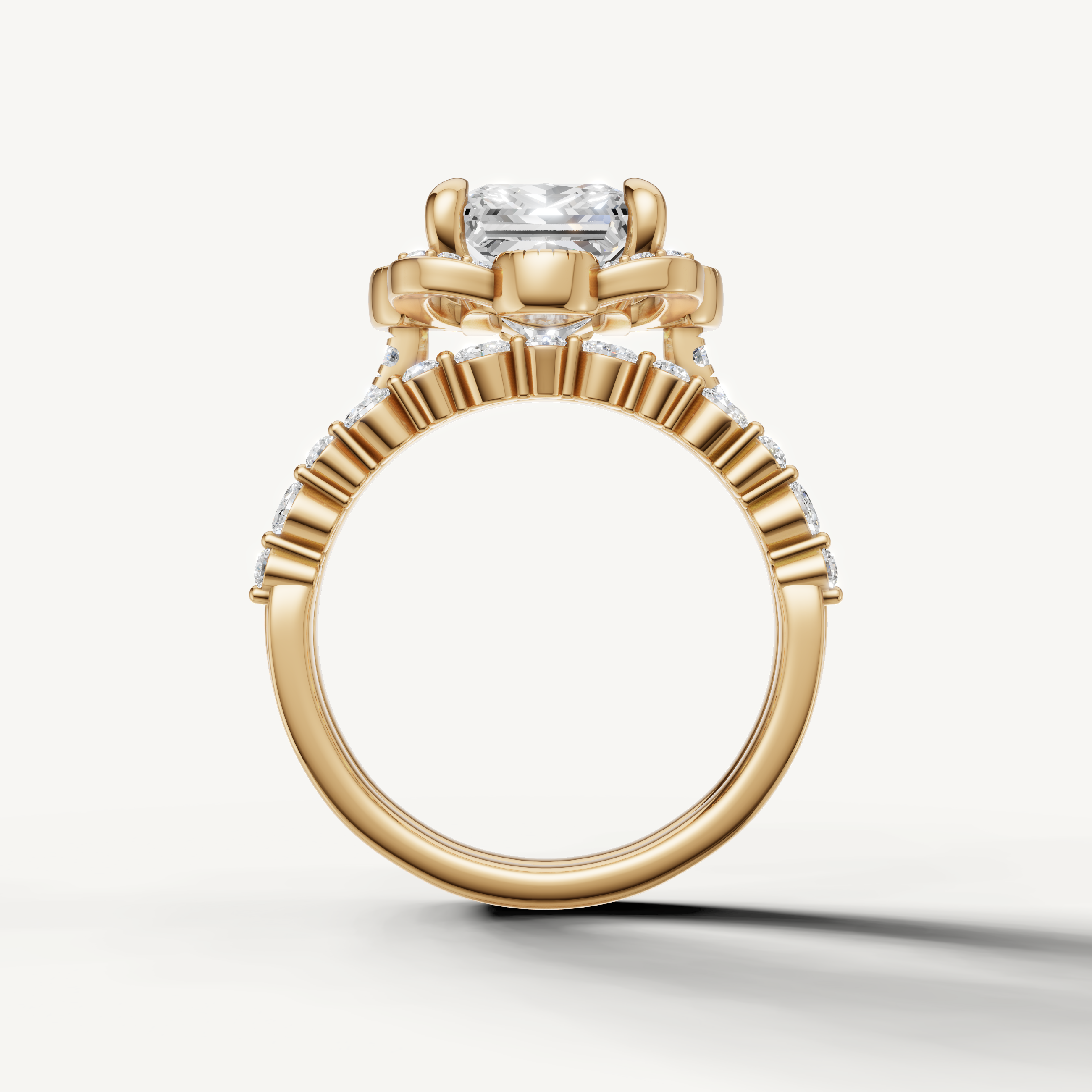 Vintage Inspired Princess Halo Bridal Set Ring with Diamond Split Band Yellow Gold