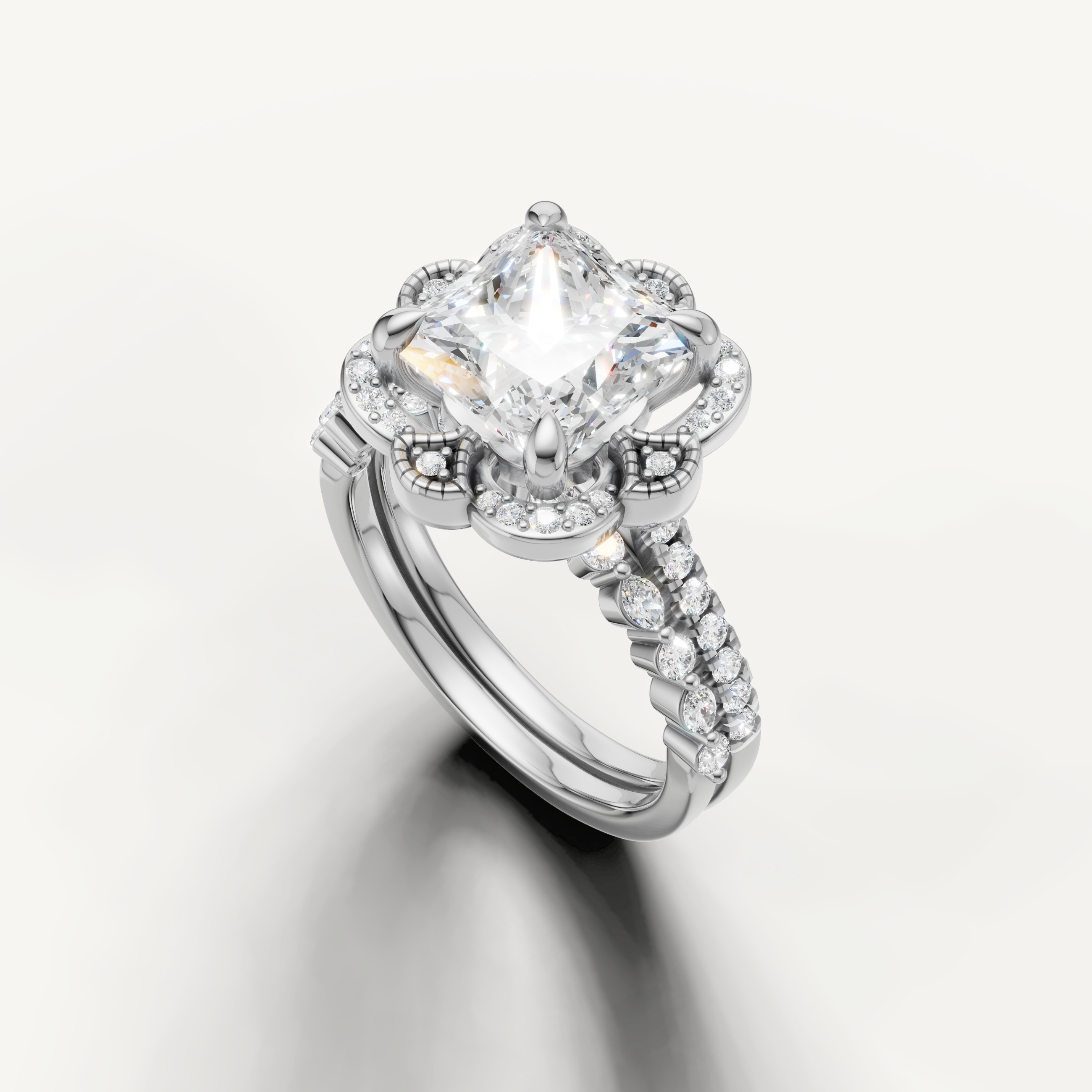 Modern Princess Cut Lab Grown Diamond Bridal Set with Floral Pavé Halo White Gold