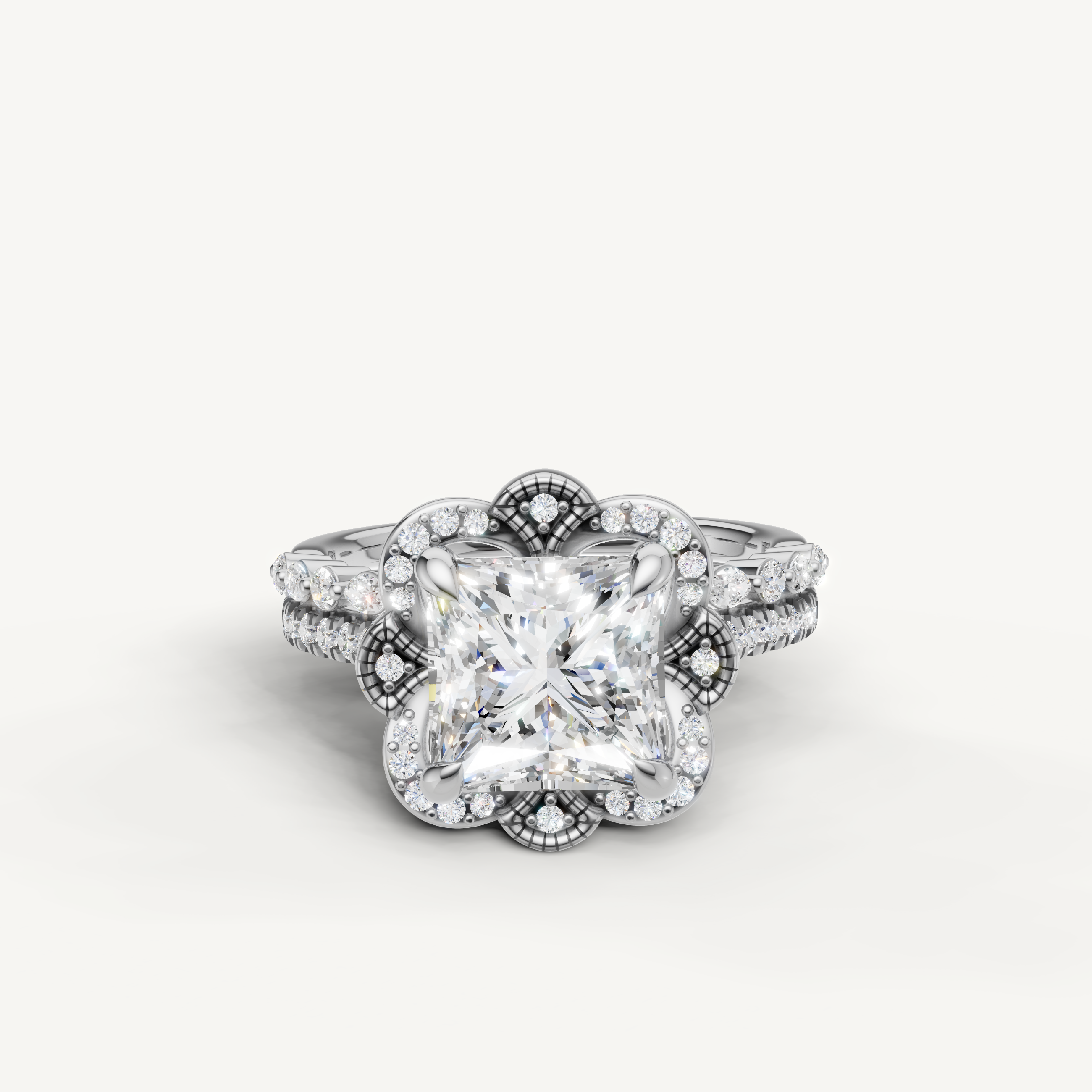 Raul Diamonds Princess Cut Lab Grown Diamond Floral Halo Bridal Set in 14K White Gold