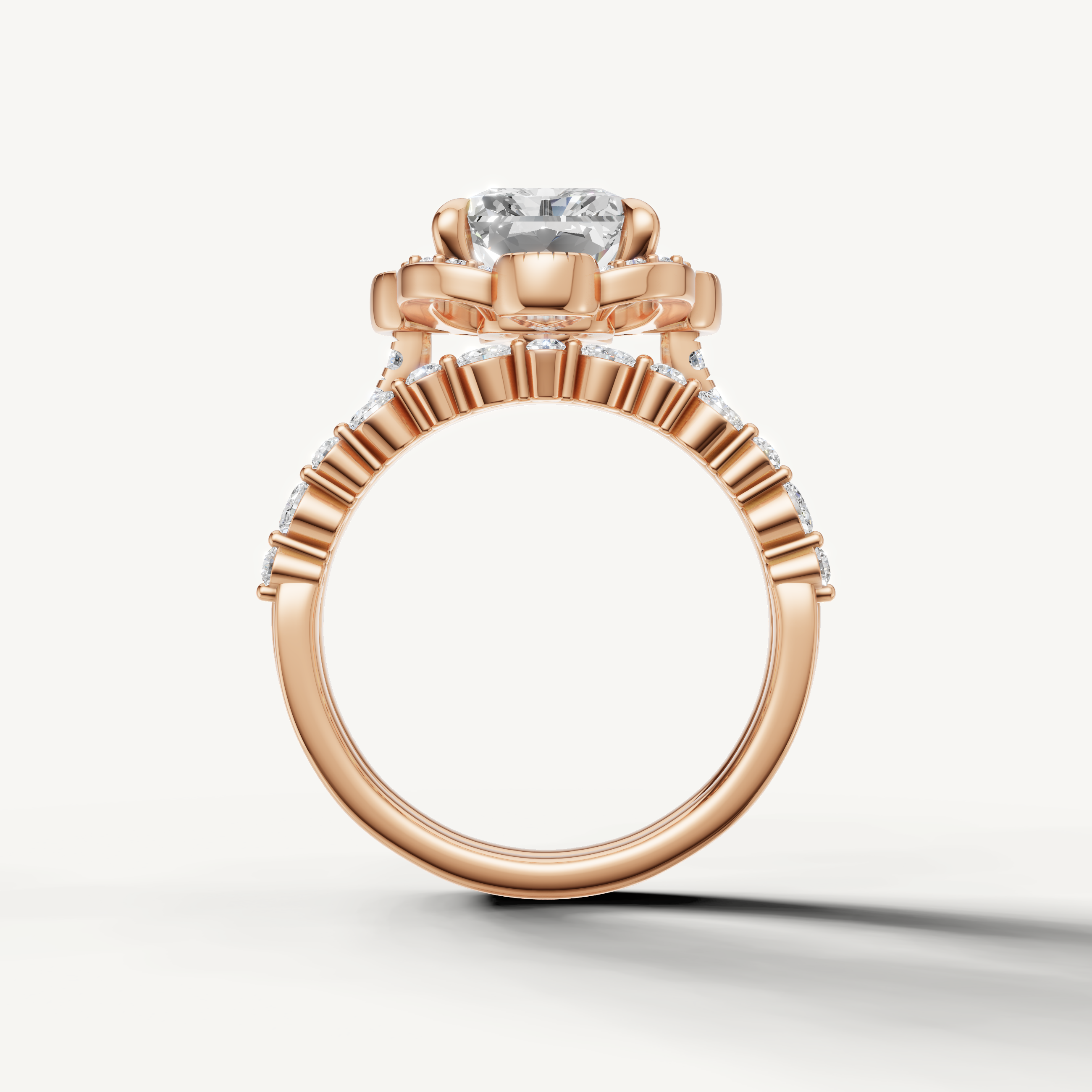 Luxury Radiant Lab Grown Diamond Vintage Floral Bridal Set Rose Gold