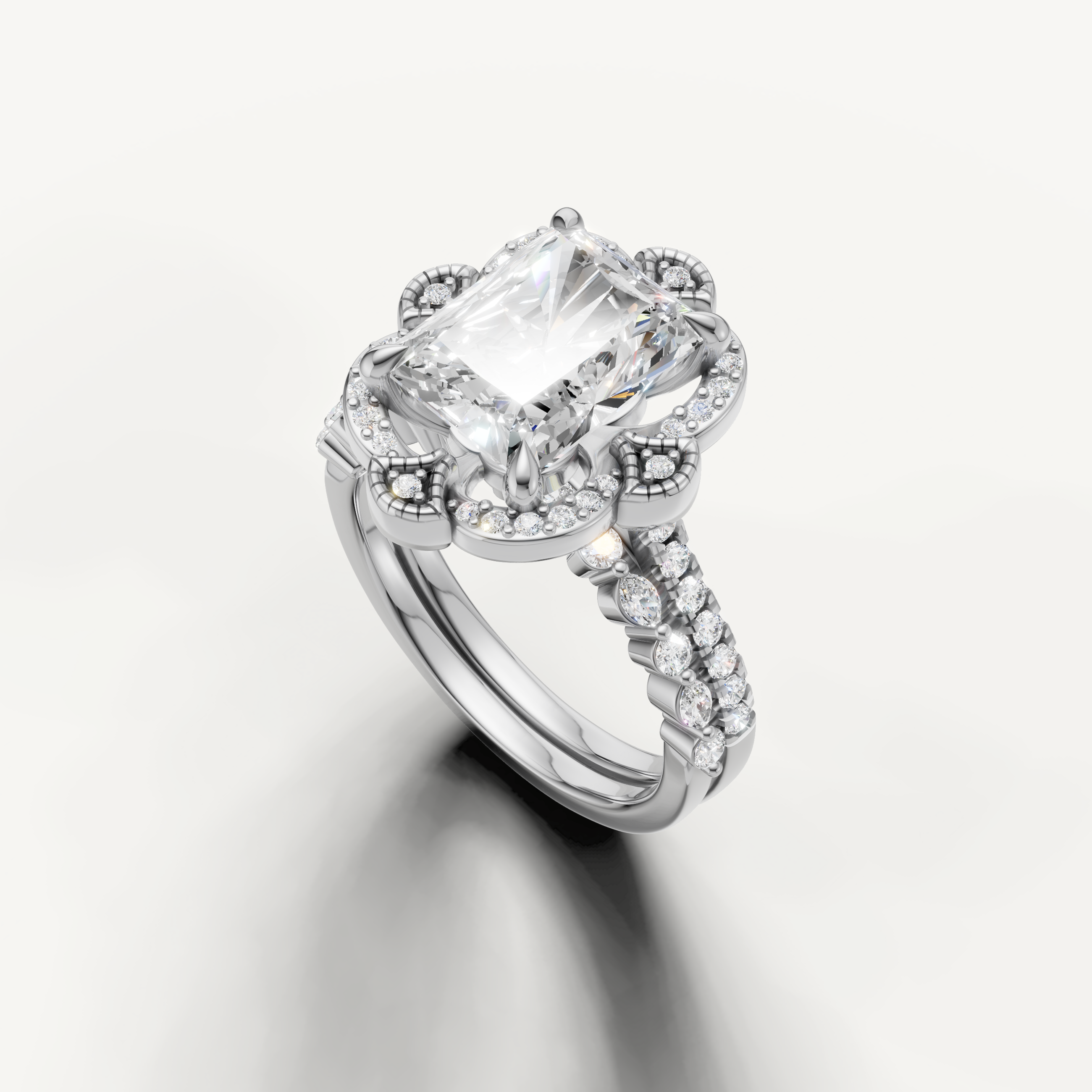 Modern Radiant Cut Lab Grown Diamond Bridal Set with Floral Pavé Halo White Gold