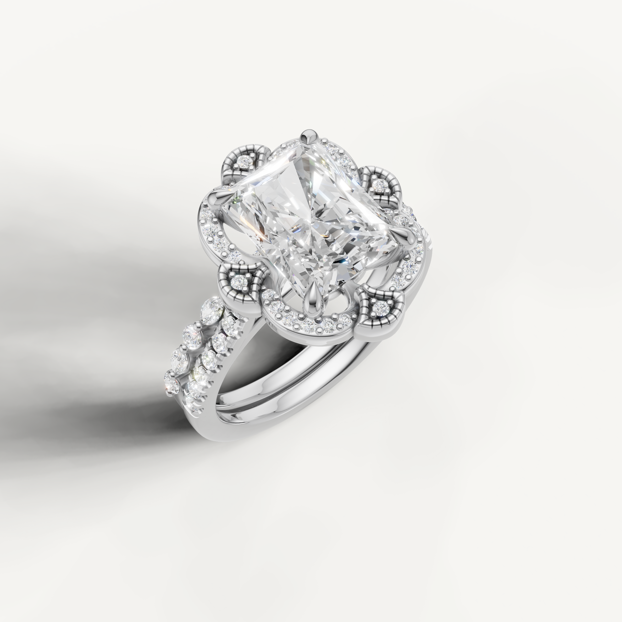 Classic Radiant Diamond Bridal Ring Set with Vintage Halo White Gold