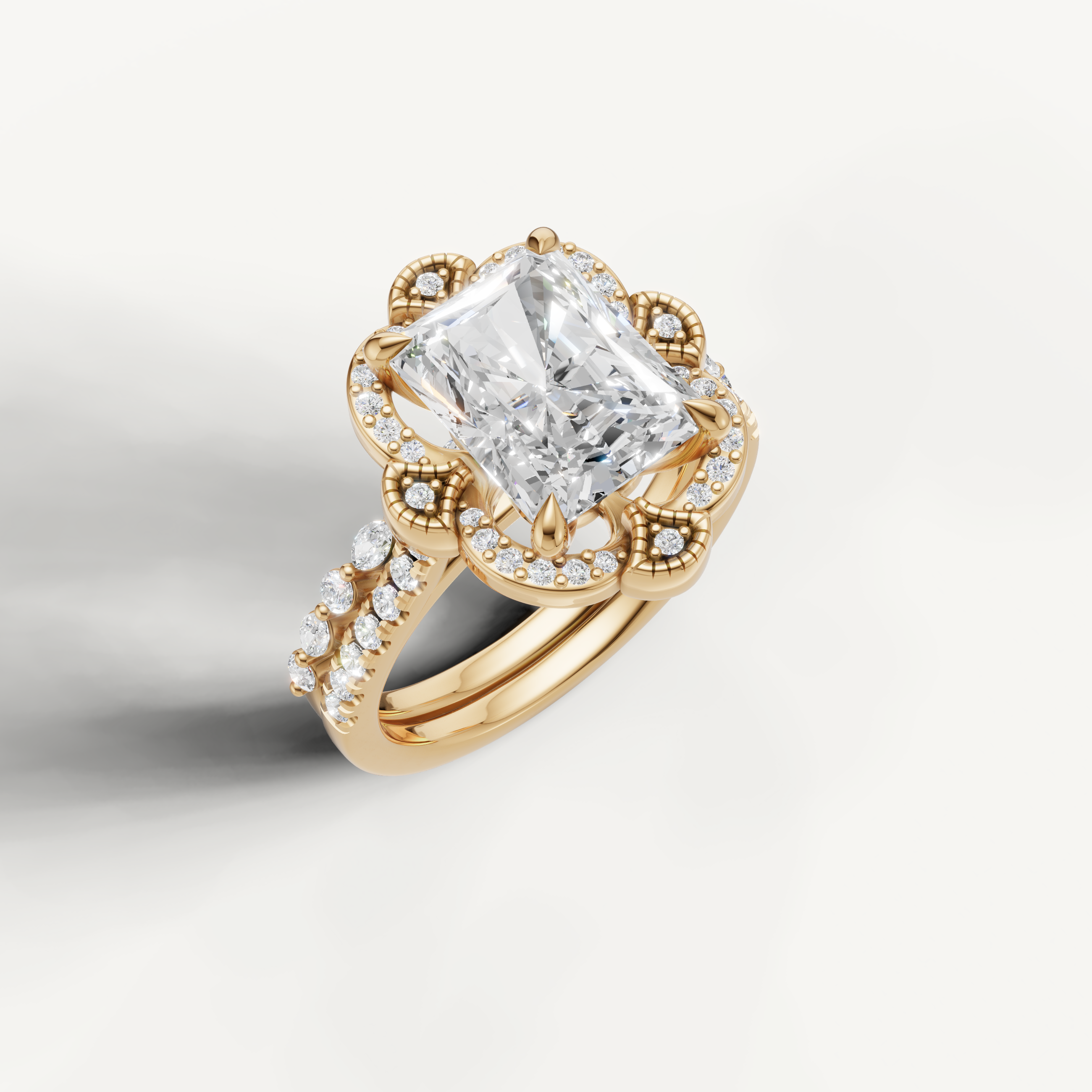 Elegant Radiant Diamond Bridal Ring Set with Vintage Floral Halo Yellow Gold