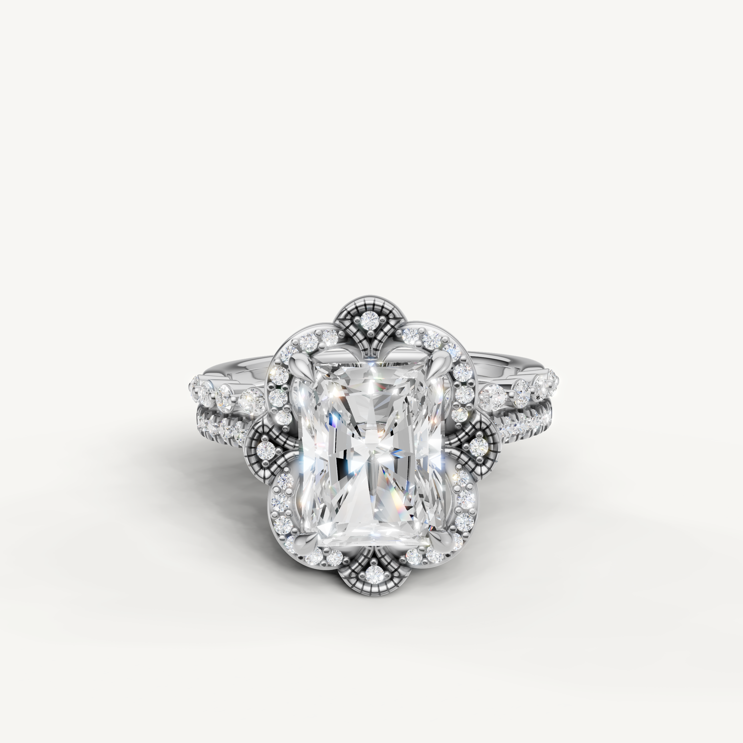 Raul Diamonds Radiant Cut Lab Grown Diamond Floral Halo Bridal Set in 14K White Gold