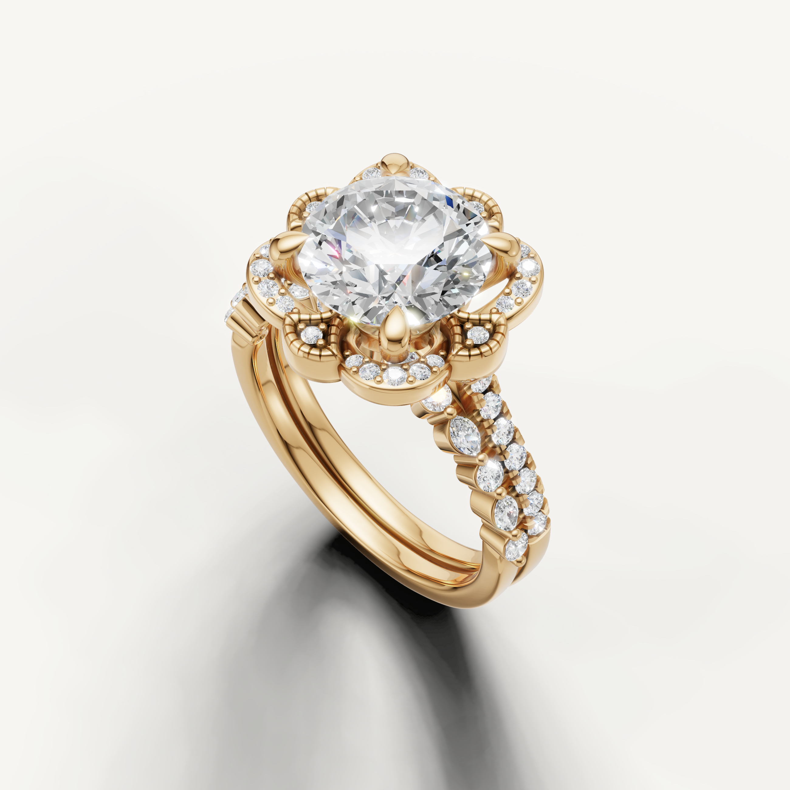 Luxury Round Cut Lab Grown Diamond Bridal Set with Pavé Floral Design Yellow Gold