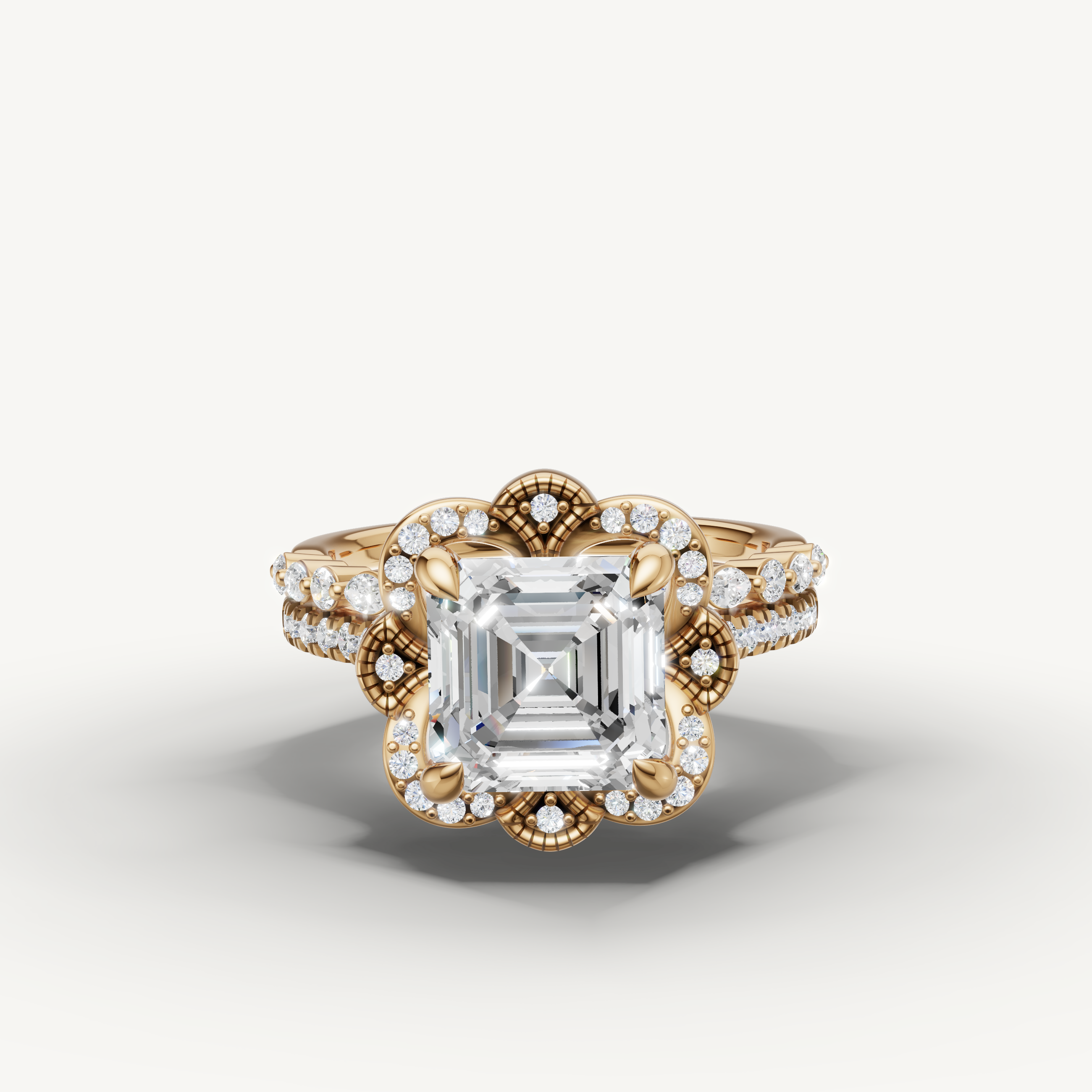 Elegant Asscher Diamond Bridal Ring Set with Vintage Floral Halo Yellow Gold