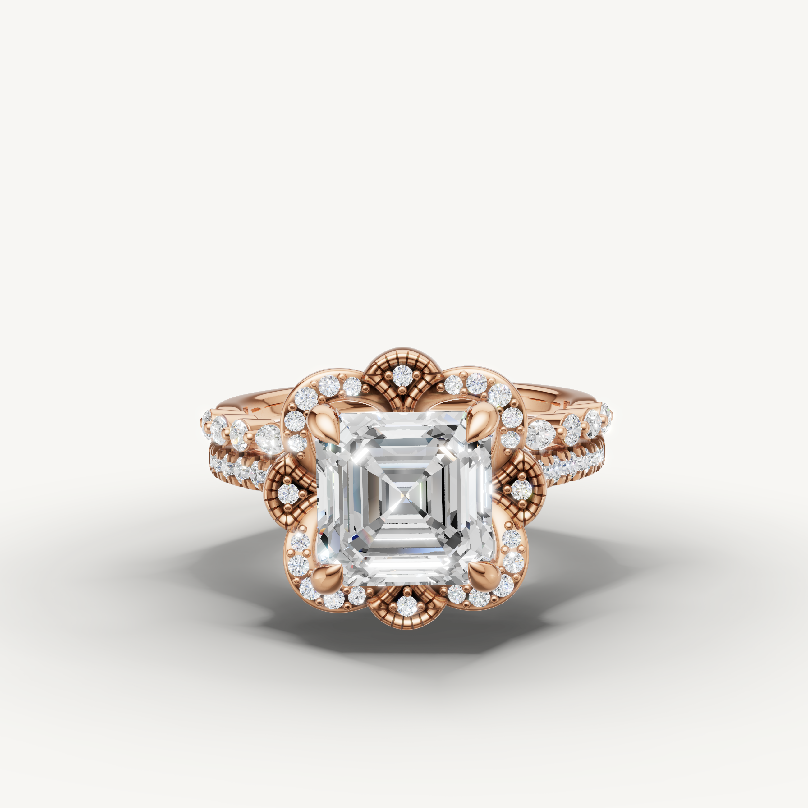 Romantic Asscher Diamond Engagement Bridal Set with Floral Halo Rose Gold