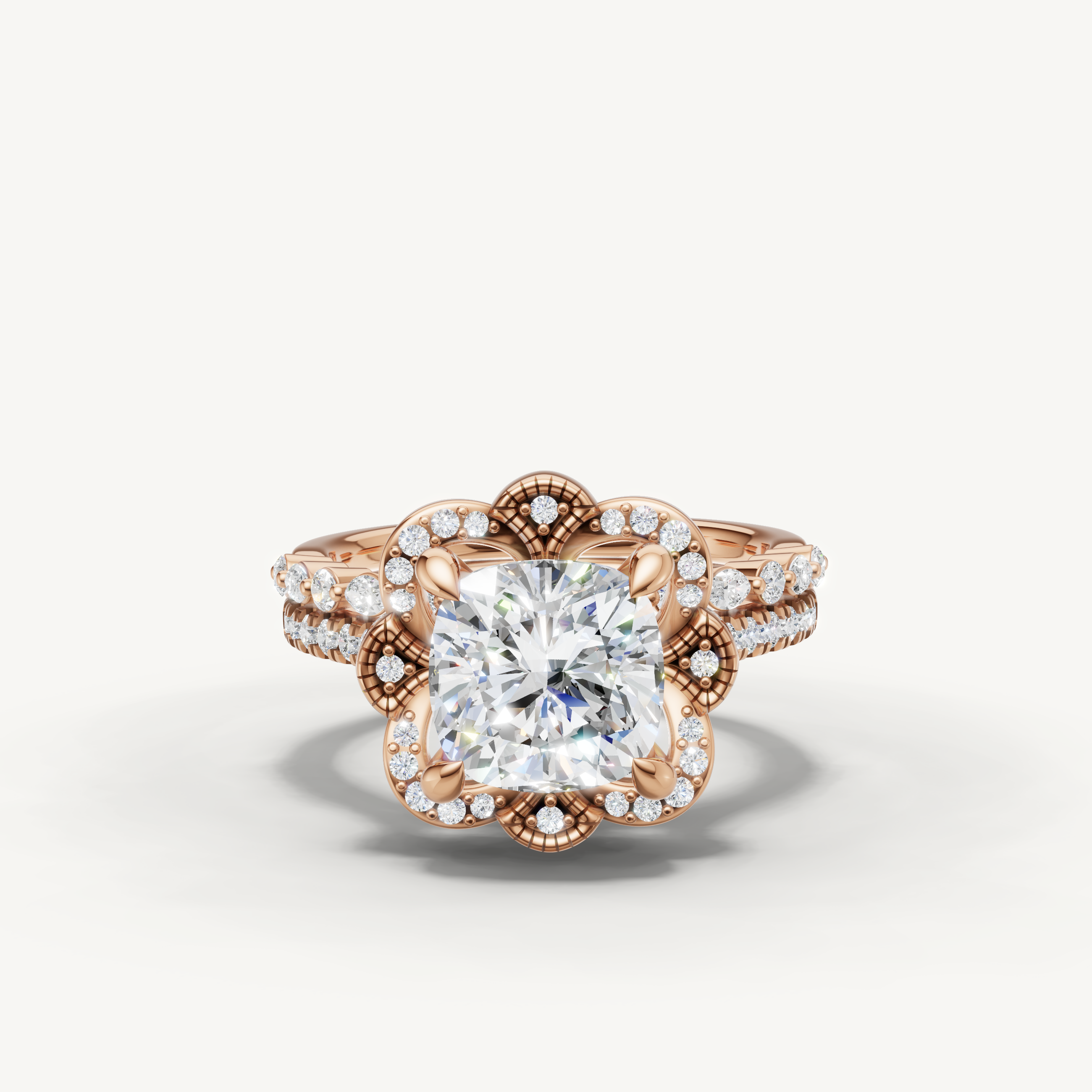 Raul Diamonds Cushion Cut Lab Grown Diamond Floral Halo Bridal Set in 14K Rose Gold