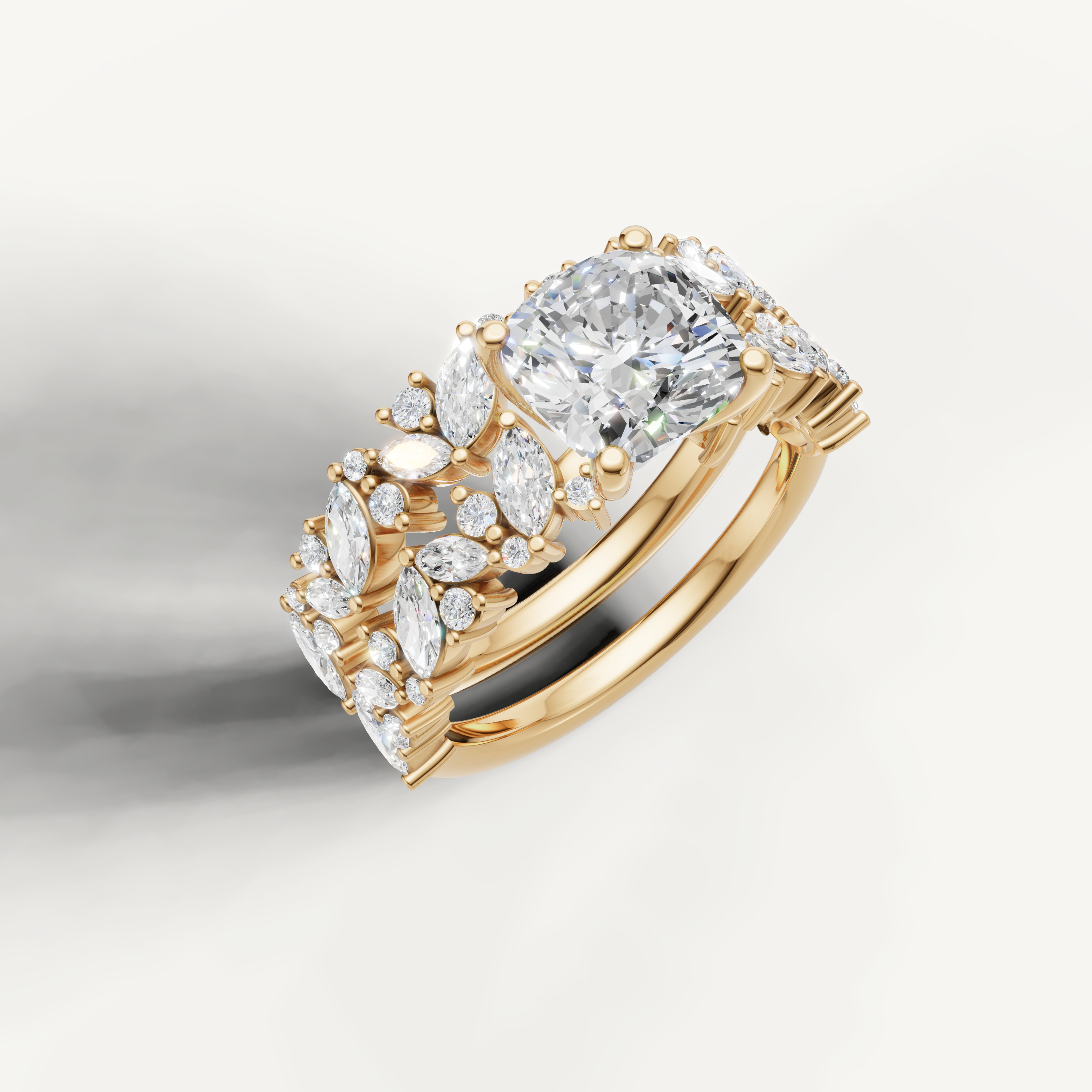 Luxury Cushion Diamond Bridal Ring Set with Marquise Halo Yellow Gold