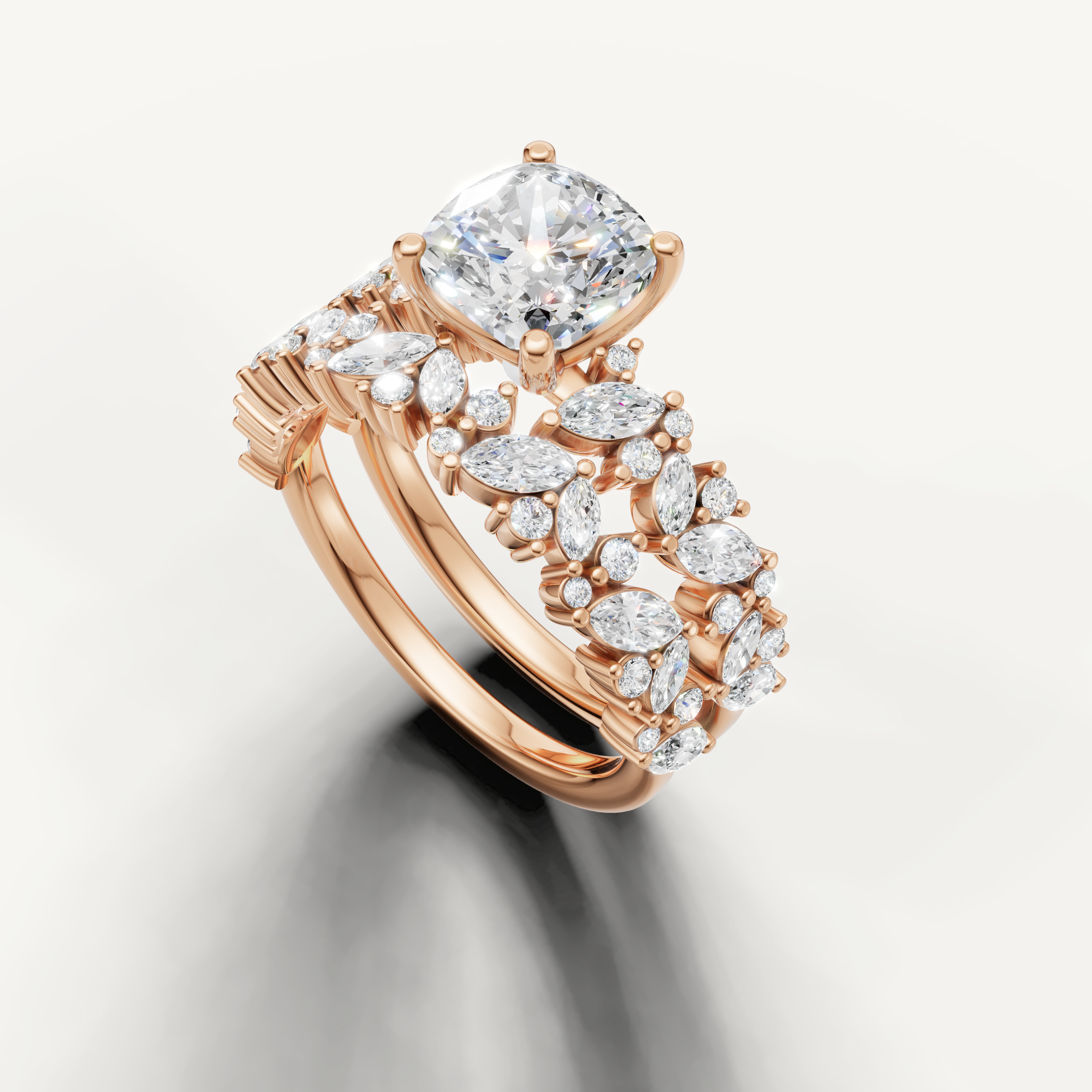 Cushion Cut Lab Grown Diamond Bridal Set with Double Diamond Band Rose Gold
