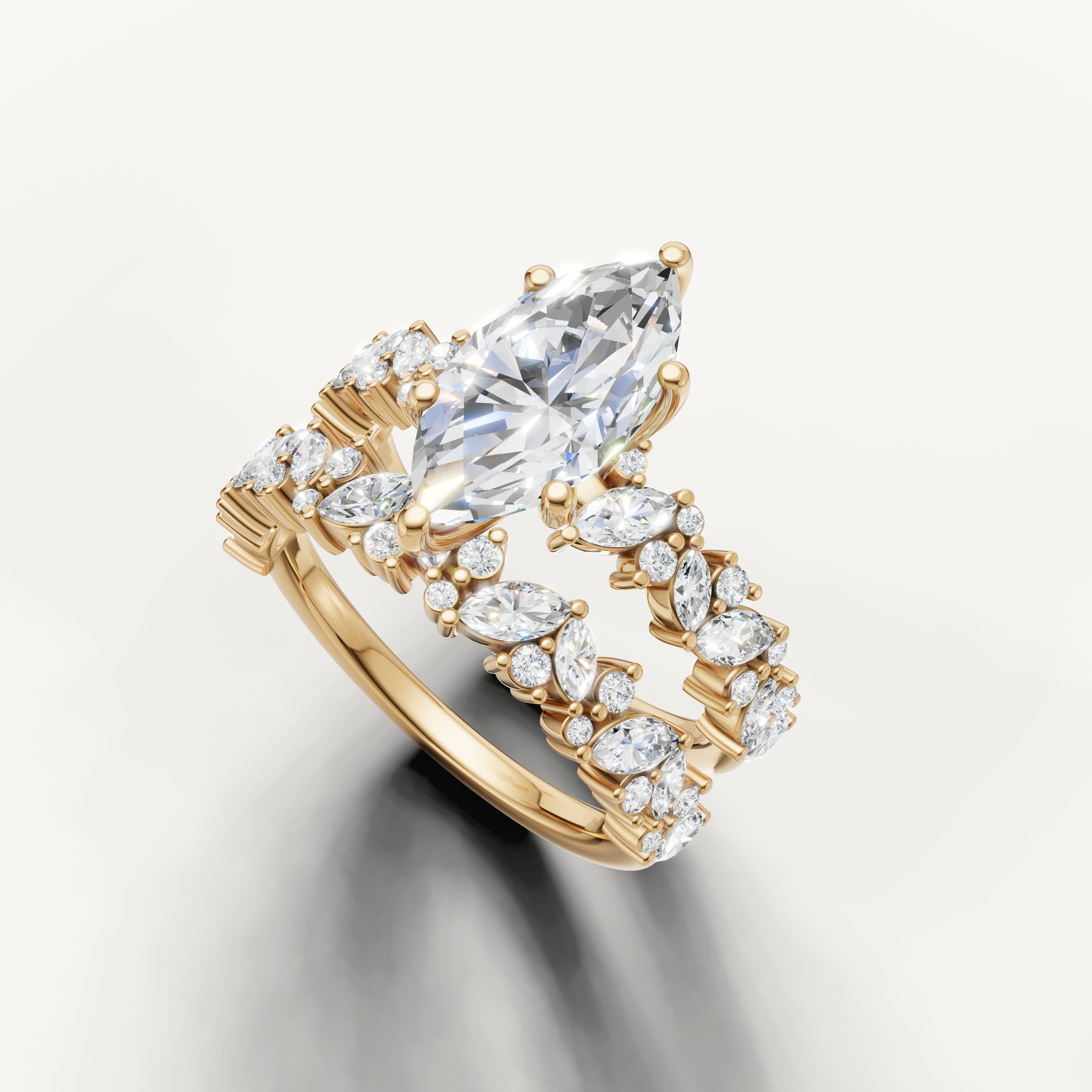 Marquise Cut Lab Grown Diamond Engagement Bridal Set with Wide Pavé Band Yellow Gold