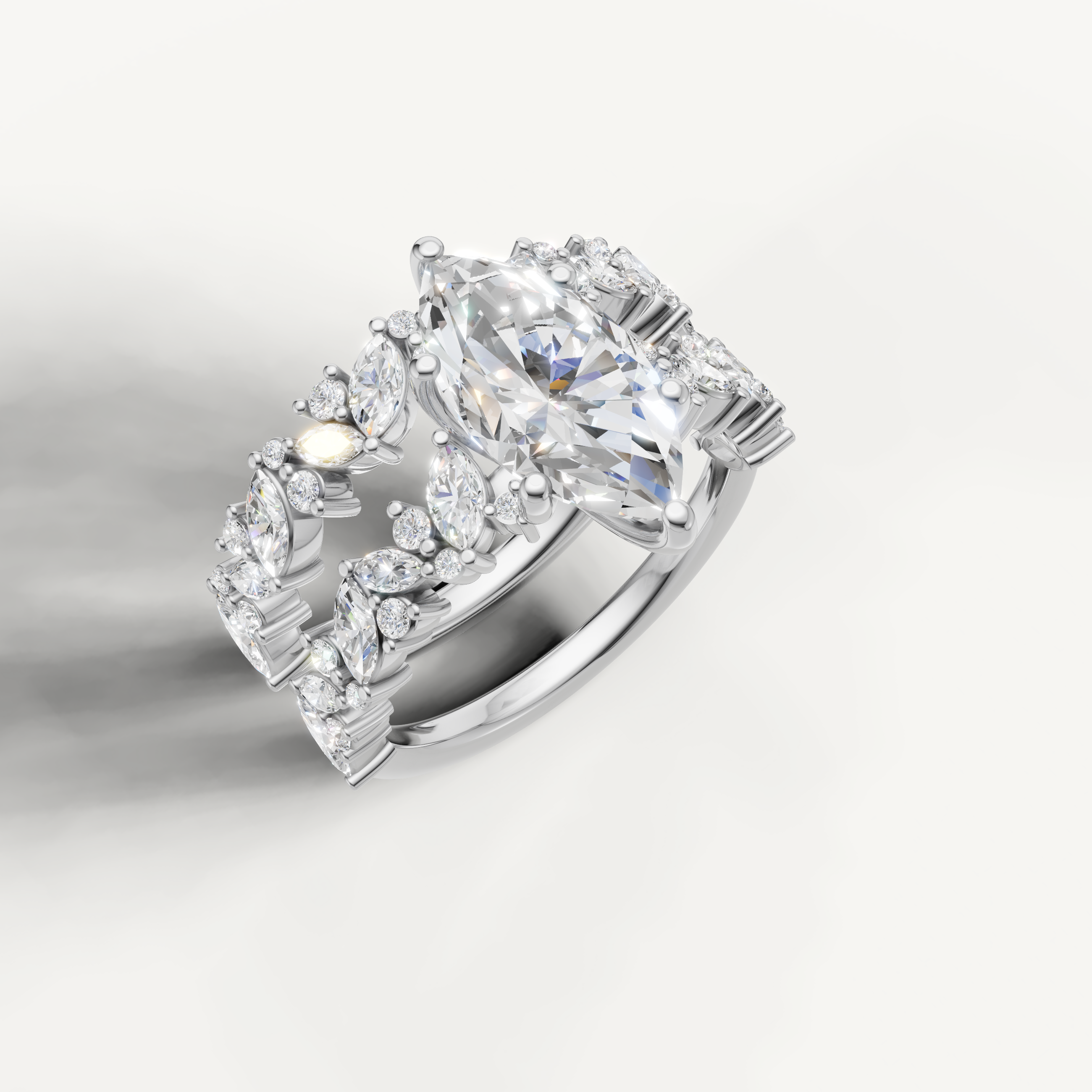 Elegant Marquise Diamond Bridal Ring Set with Floral Pavé Halo White Gold