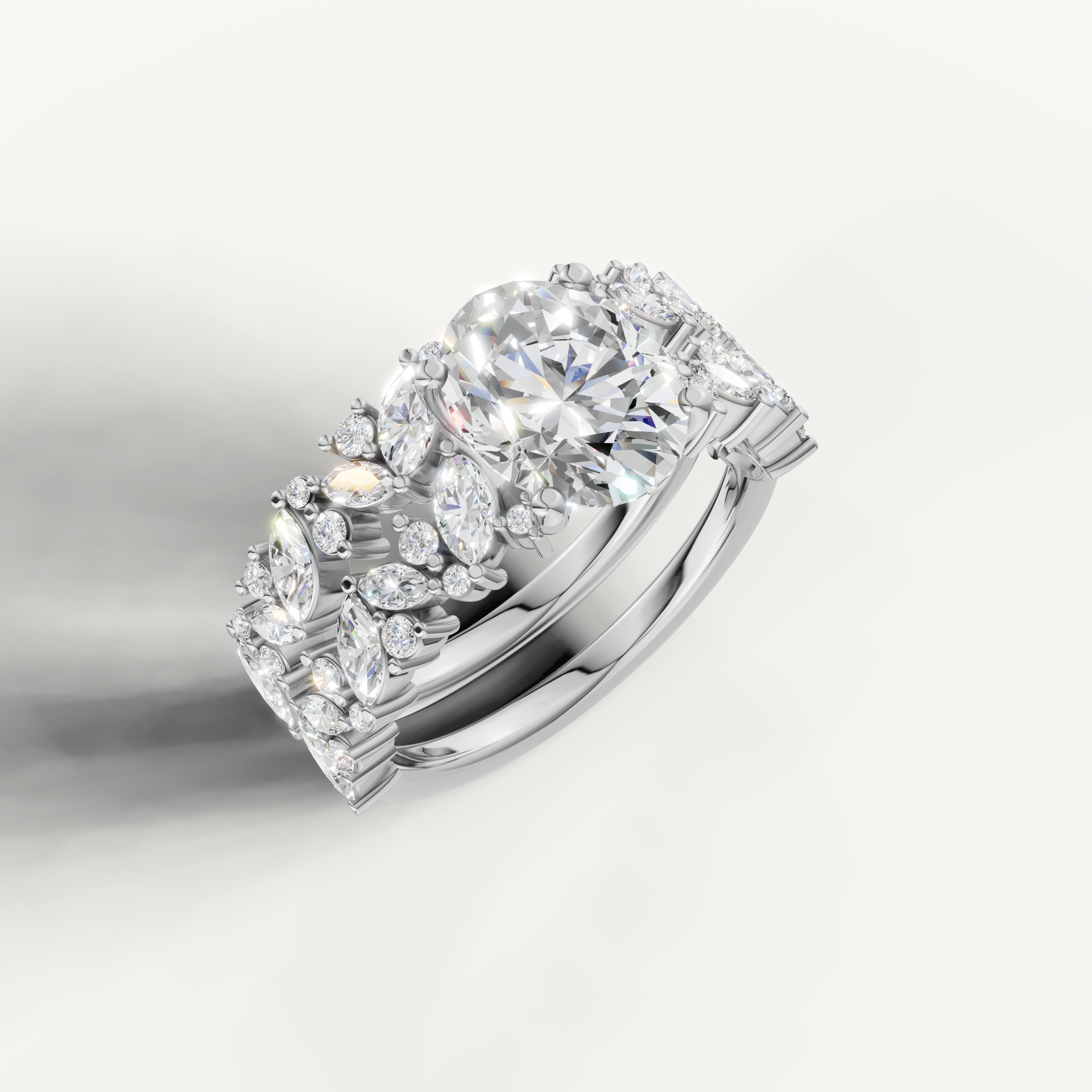 Elegant Oval Diamond Bridal Ring Set with Floral Diamond Halo White Gold