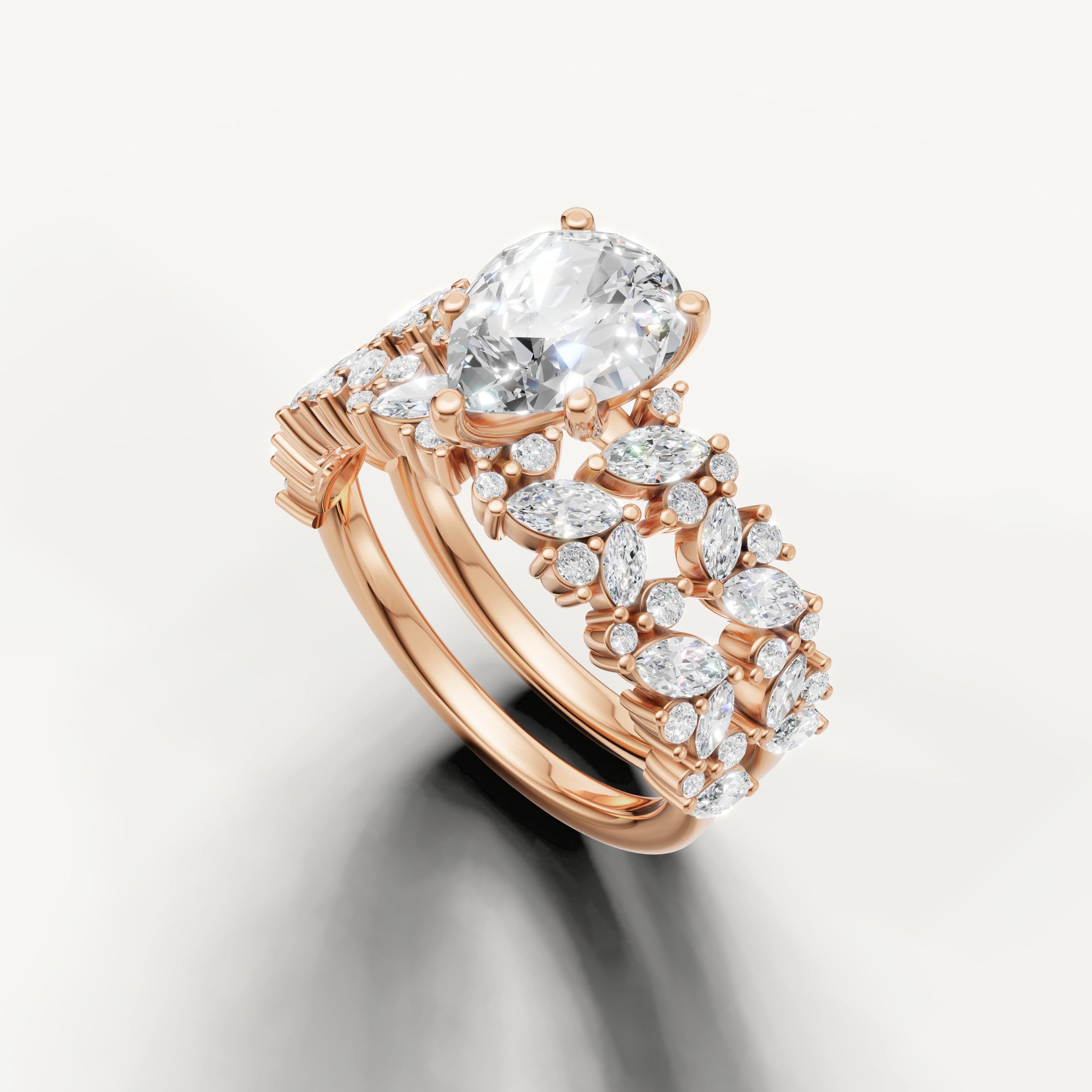 Vintage Inspired Pear Halo Bridal Set Ring Rose Gold