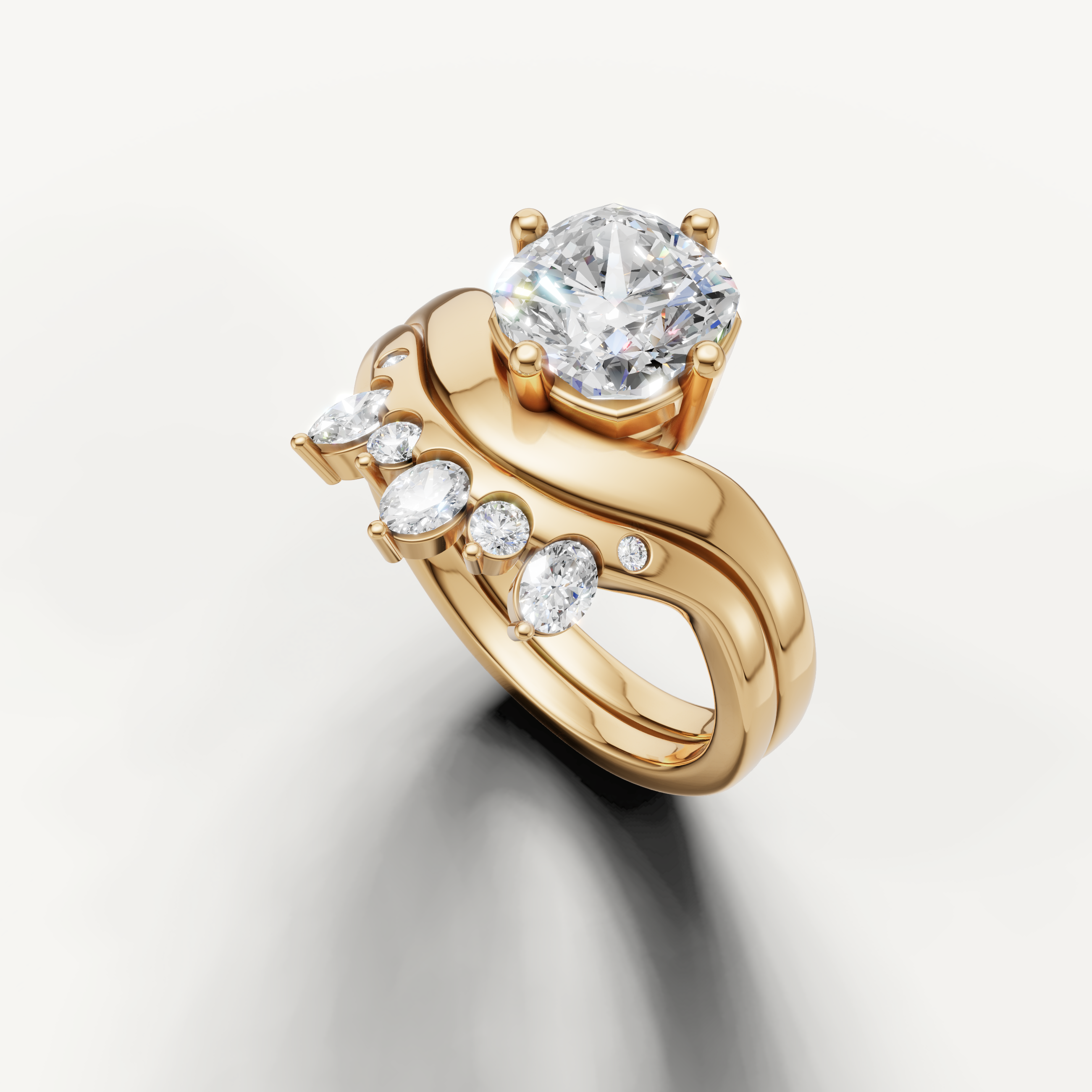 Cushion Cut Lab Grown Diamond Engagement Bridal Set with Contour Diamond Band Yellow Gold