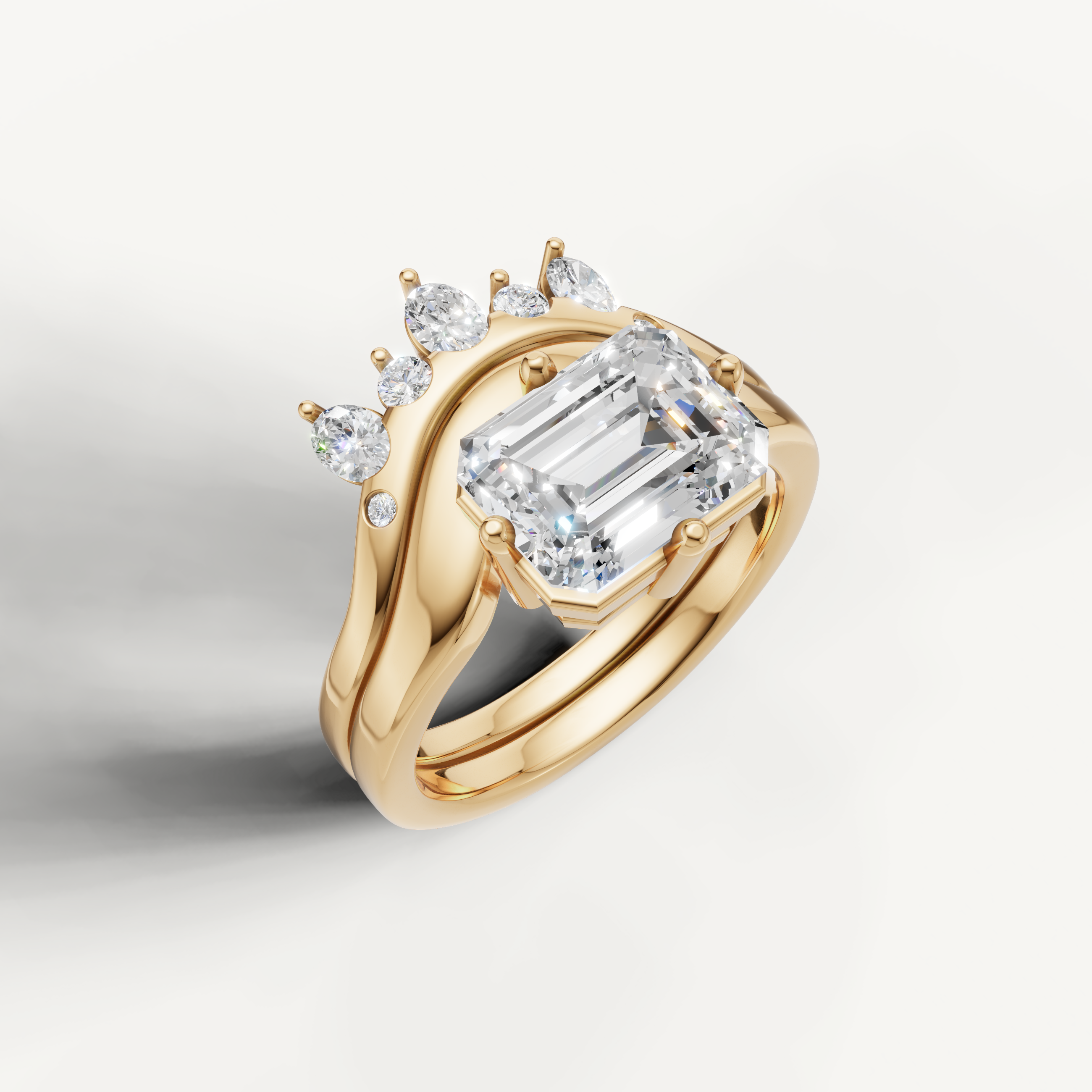 Luxury Emerald Diamond Bridal Ring Set with Crown Style Wedding Band Yellow Gold