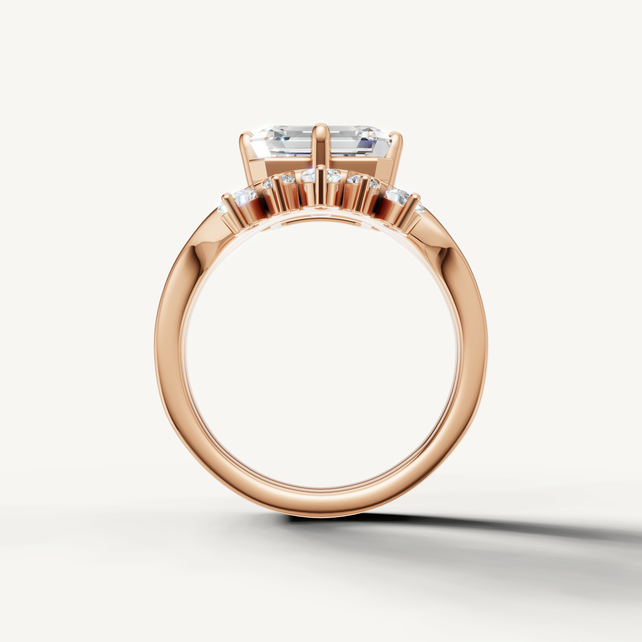 Vintage Inspired Emerald Bridal Set Ring with Diamond Contour Band Rose Gold