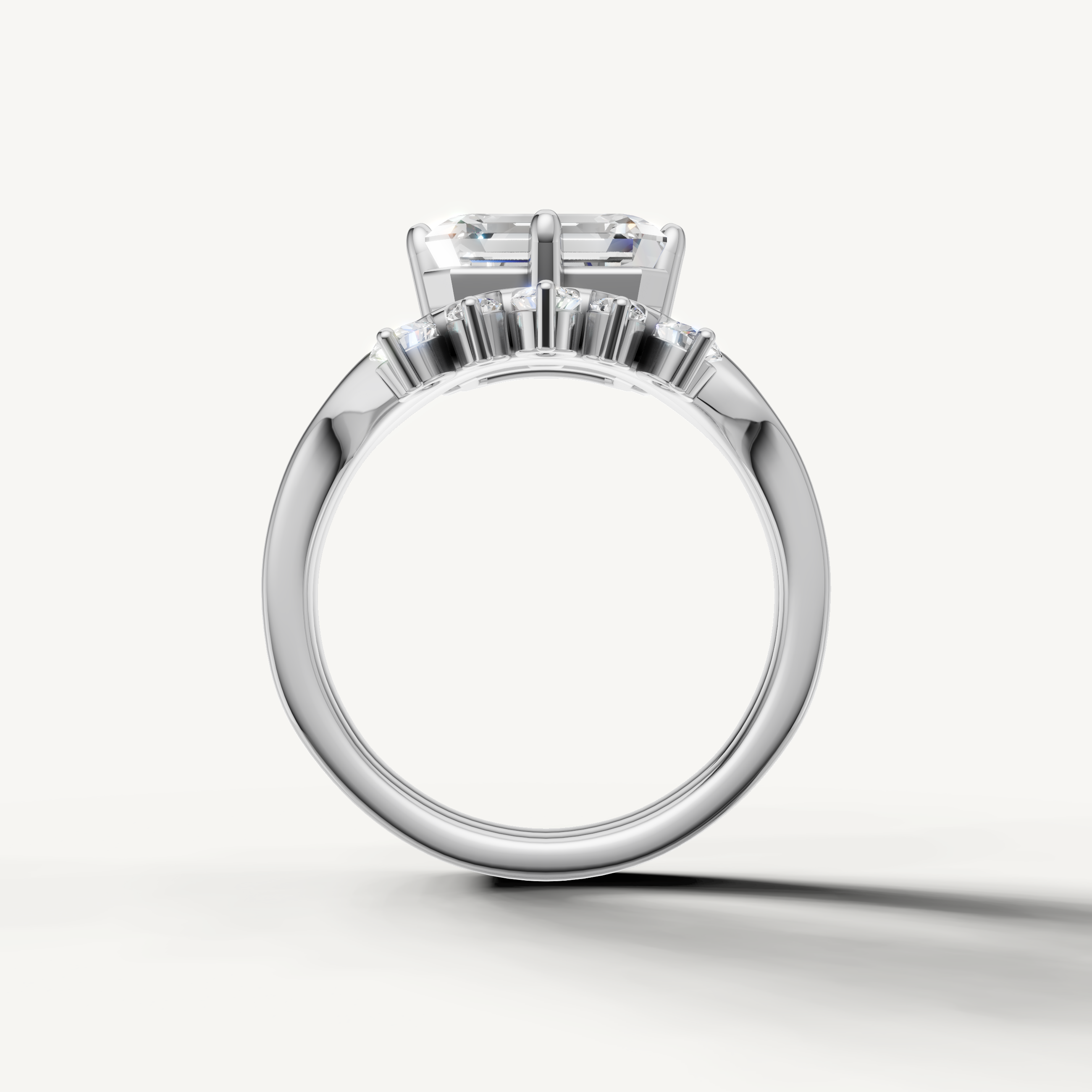 Modern Emerald Bridal Set Ring with Crown Style Diamond Band White Gold