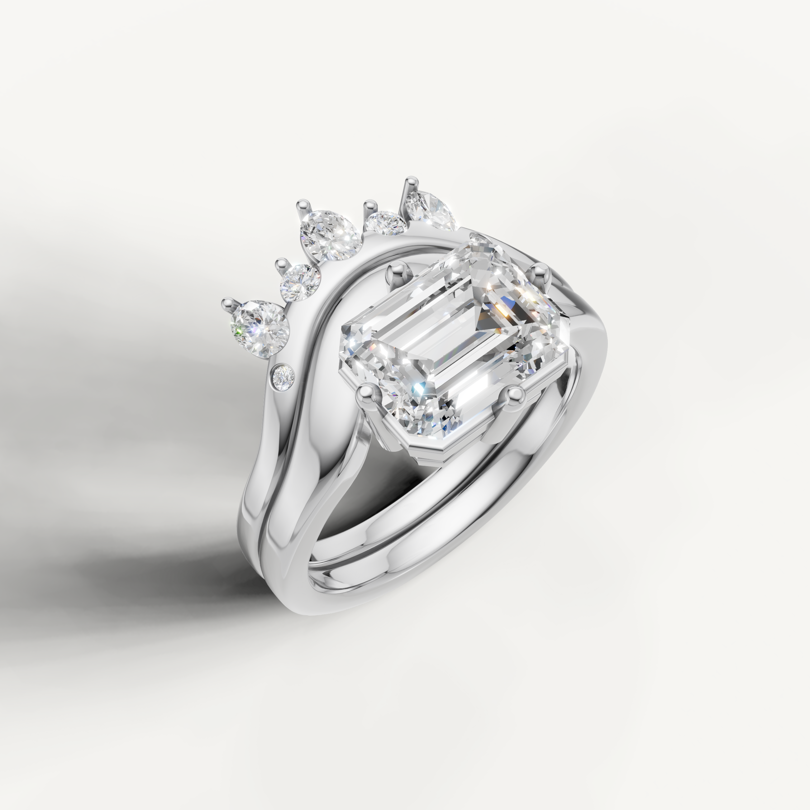 Elegant Emerald Diamond Bridal Ring Set with Contour Diamond Wedding Band White Gold