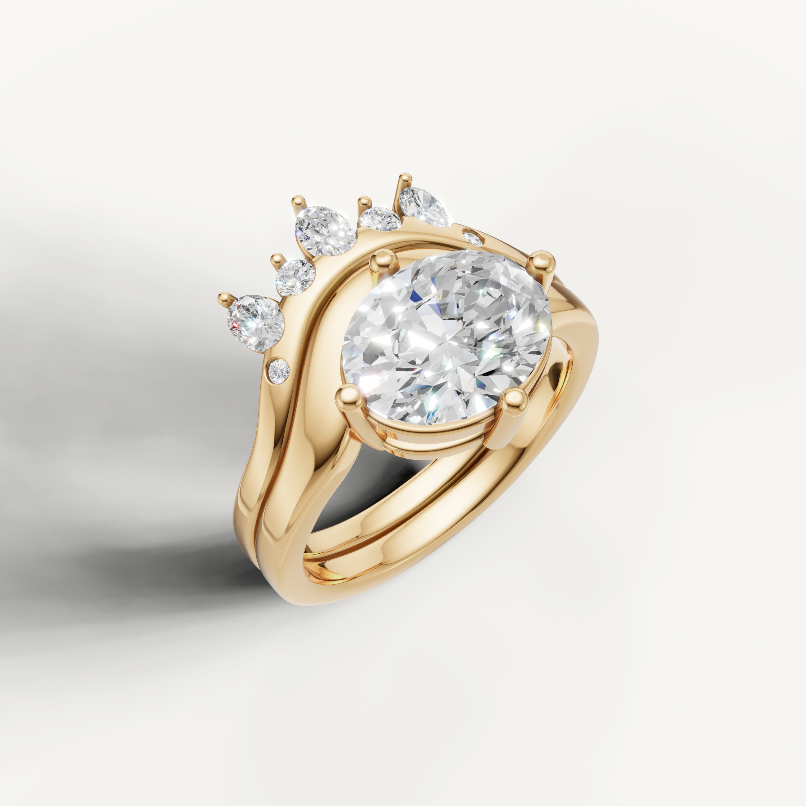 Oval Lab Grown Diamond Bridal Ring Set with Curved Crown Wedding Band Yellow Gold