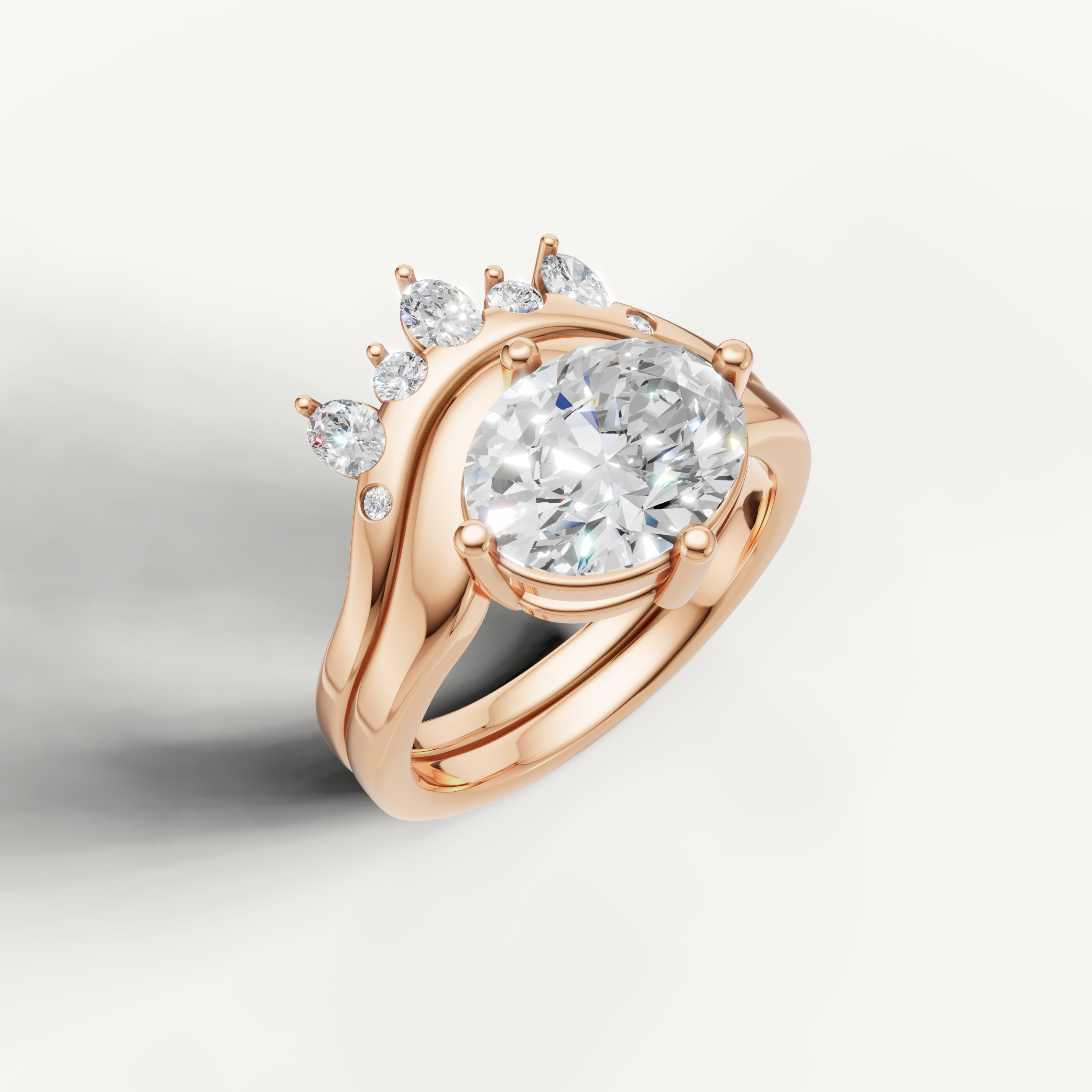 Romantic Oval Diamond Bridal Ring Set with Crown Style Wedding Band Rose Gold