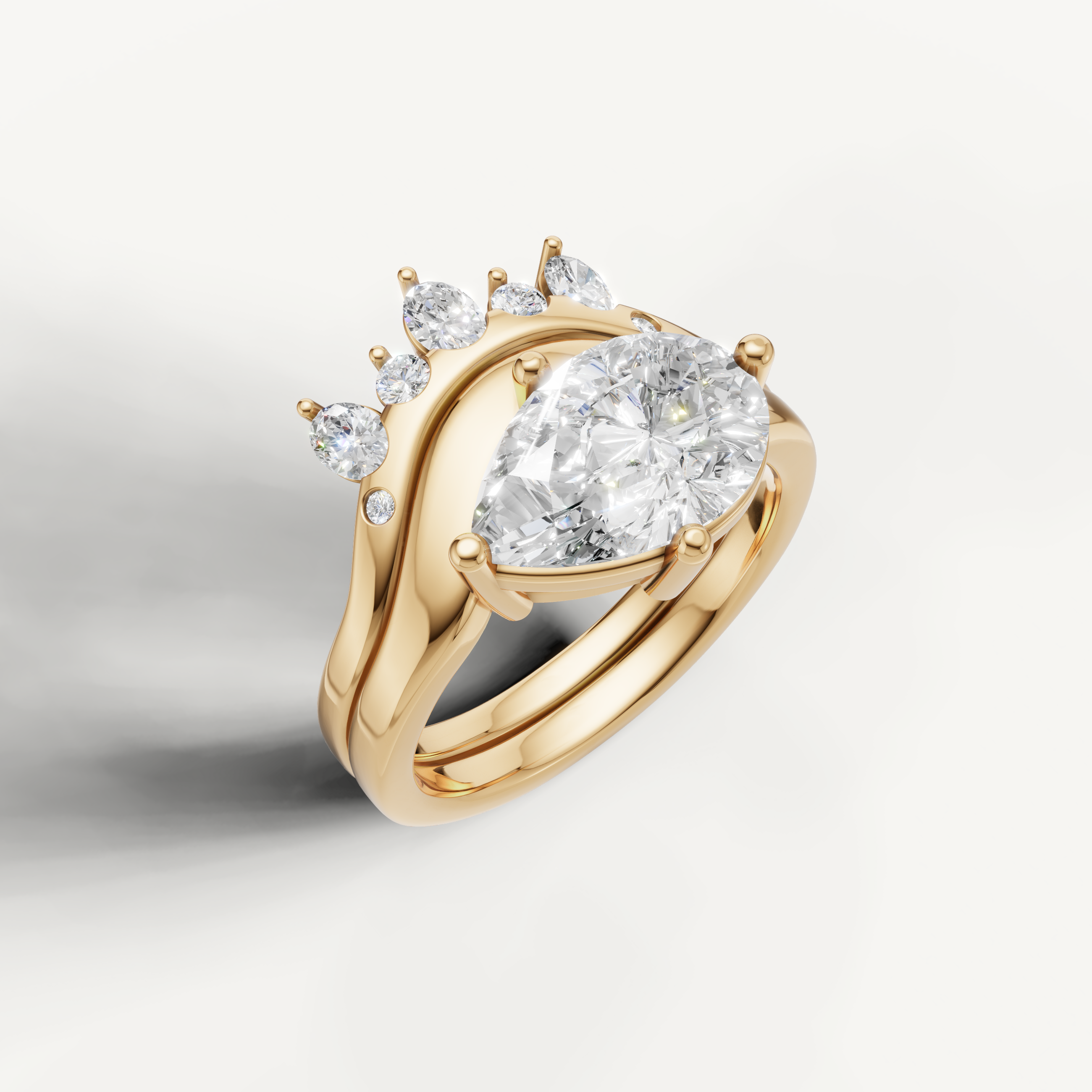Pear Shape Lab Grown Diamond Engagement Ring Set with Curved Crown Band Yellow Gold