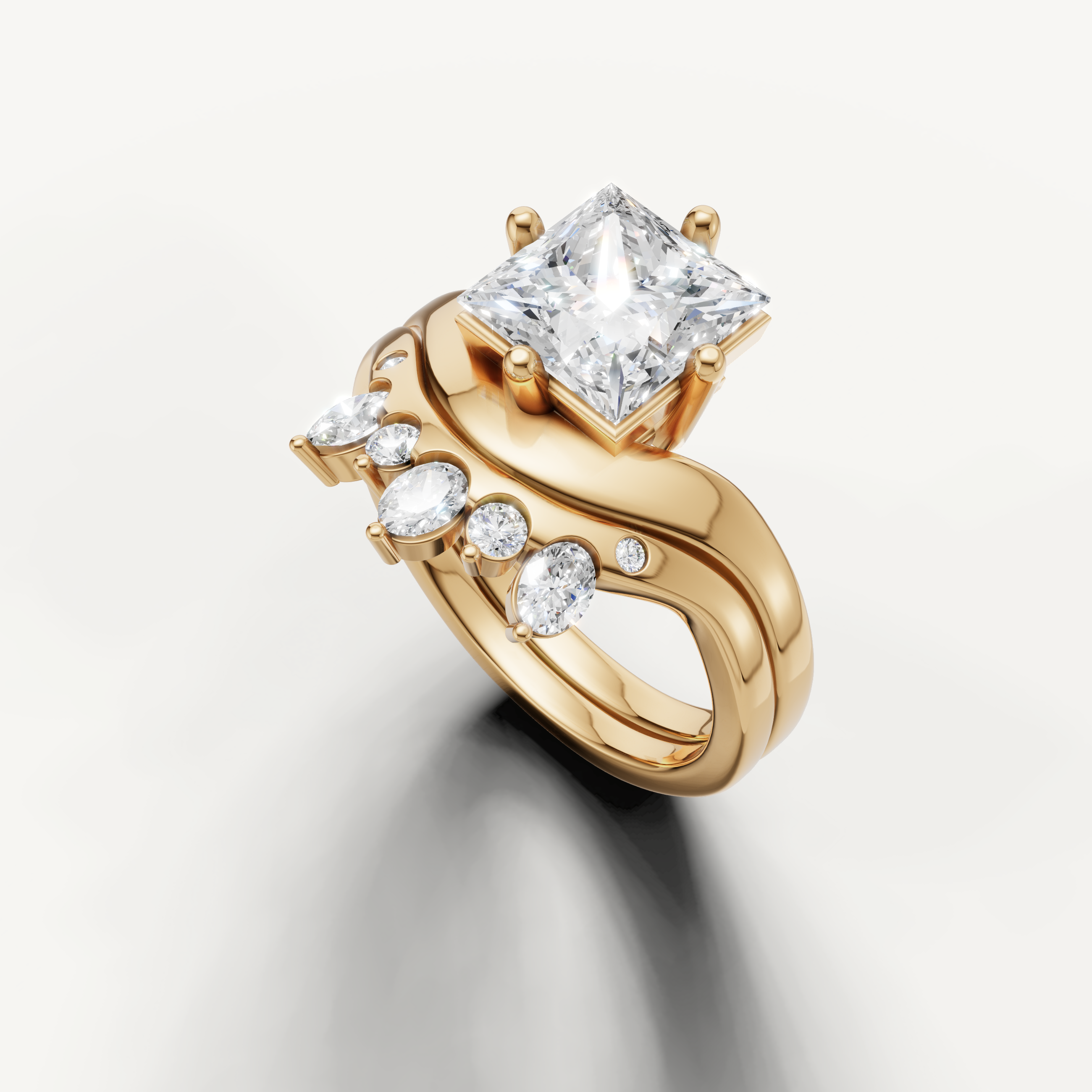 Luxury Princess Diamond Bridal Set with Contour Wedding Band in Yellow Gold