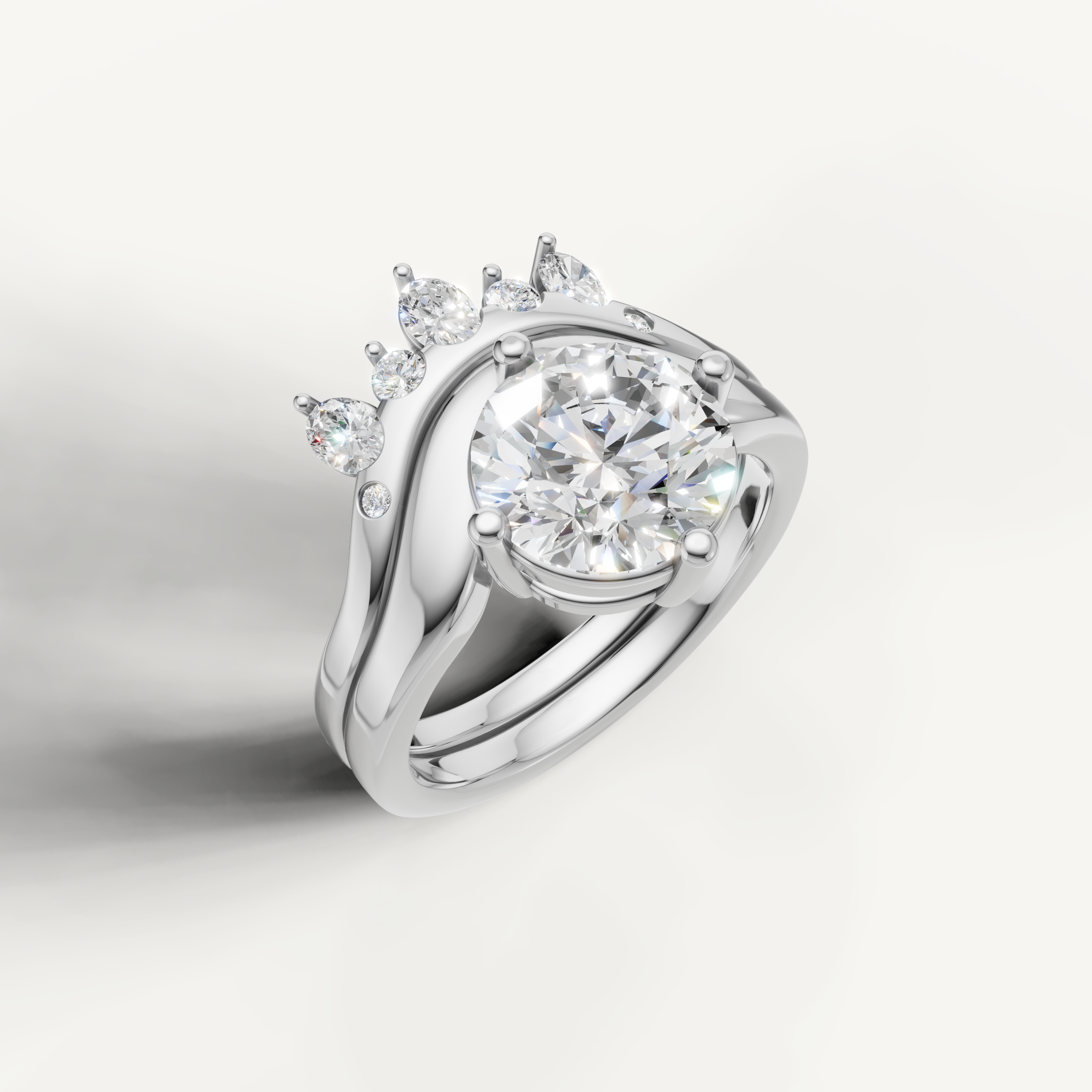 Round Diamond Engagement Bridal Set with Curved Wedding Band White Gold