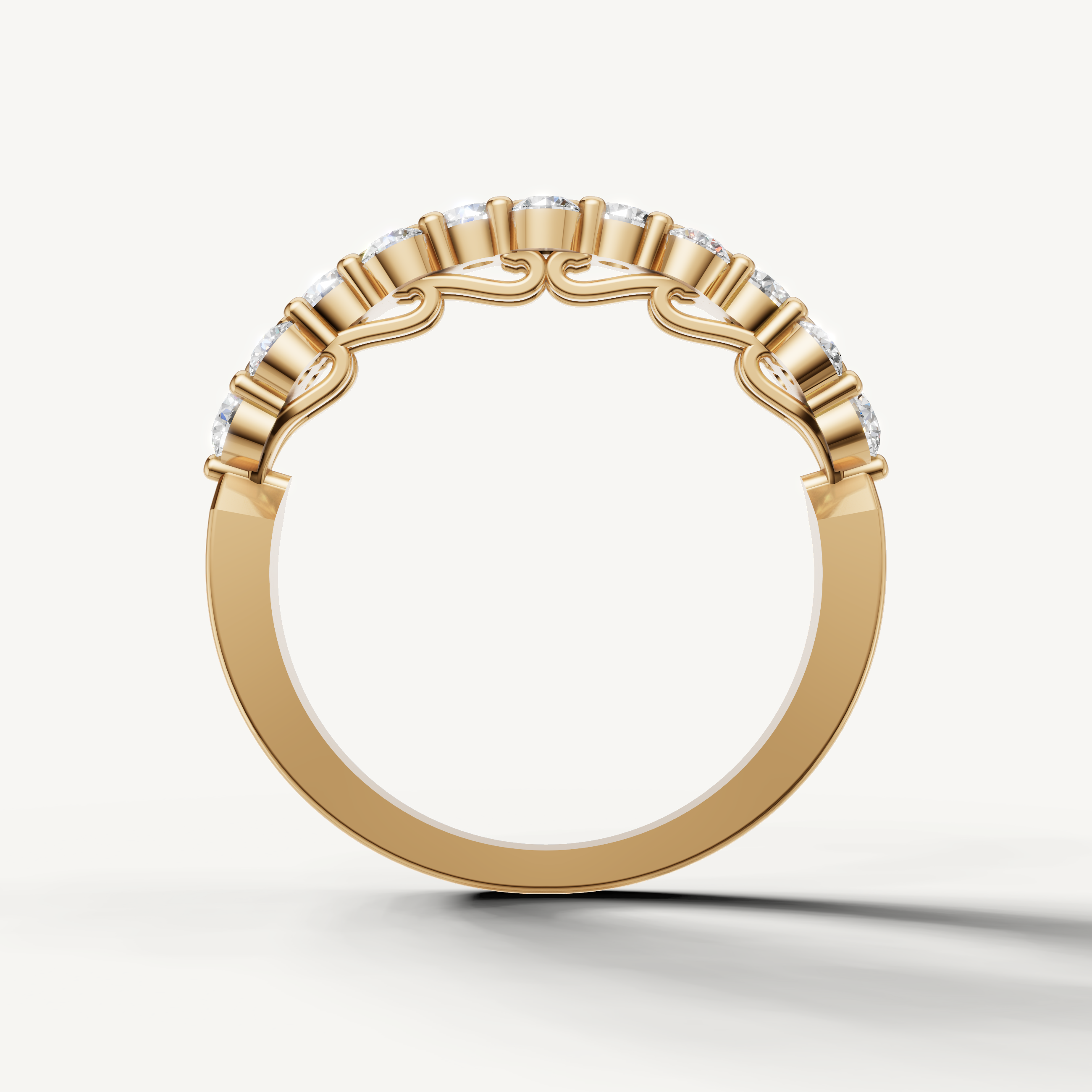Modern yellow gold floral inspired diamond wedding band with sparkling stones by Raul Diamonds