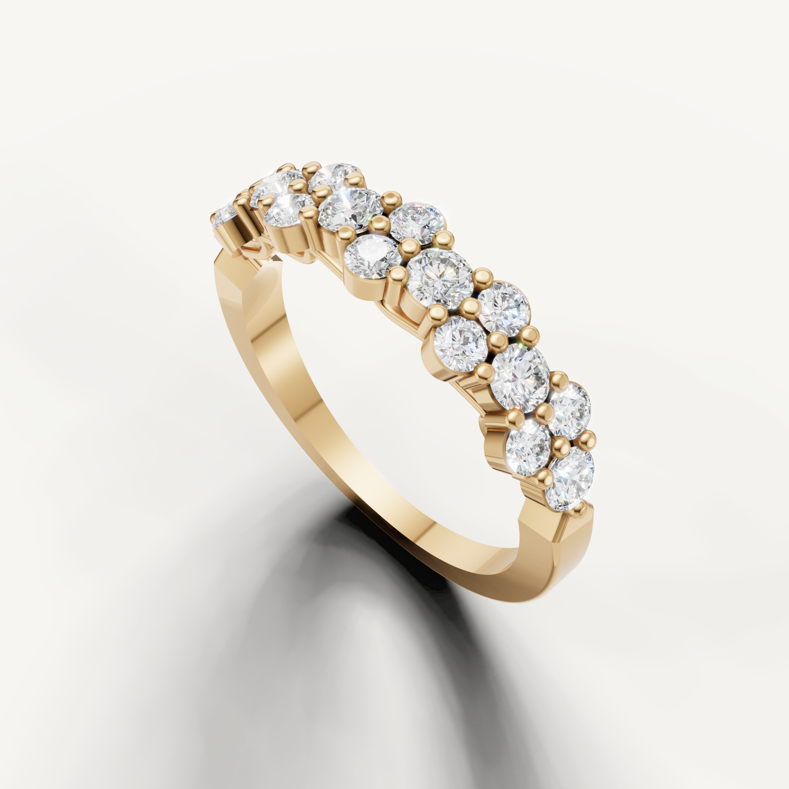 Luxury yellow gold anniversary band featuring round brilliant diamond clusters from Raul Diamonds