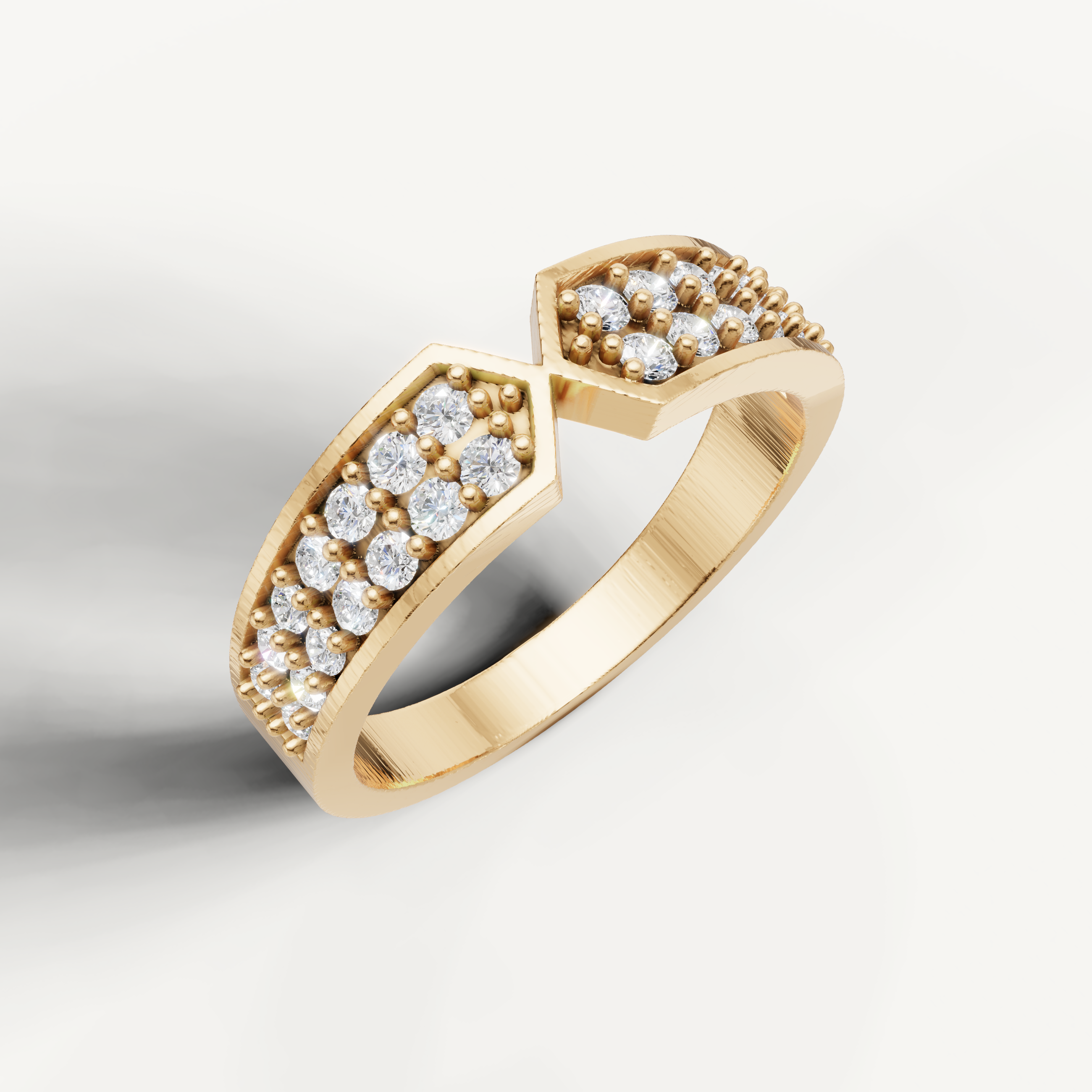 Elegant yellow gold diamond wedding ring by Raul Diamonds with multi row pavé diamonds