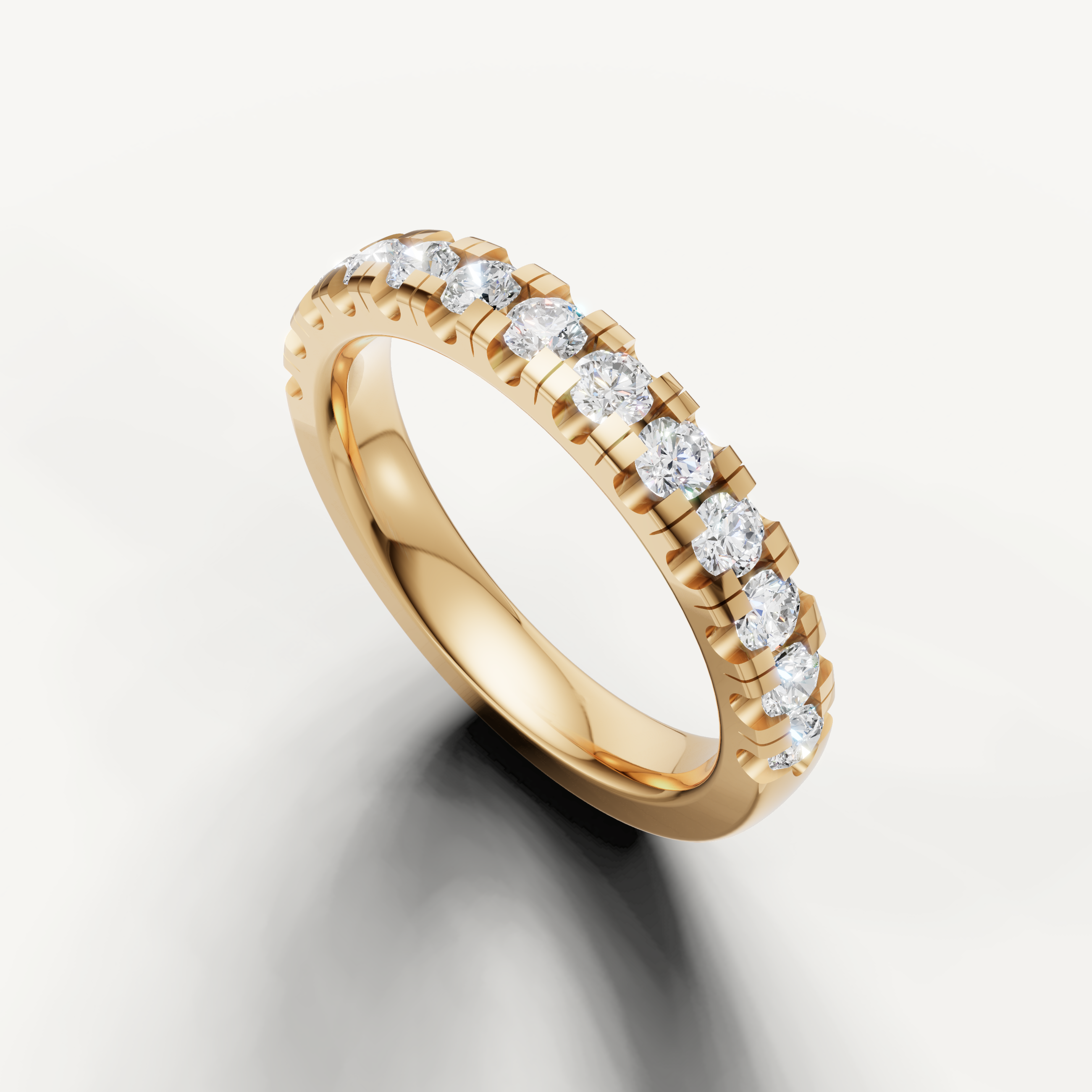 Luxury yellow gold anniversary wedding band with sparkling round cut diamonds by Raul Diamonds