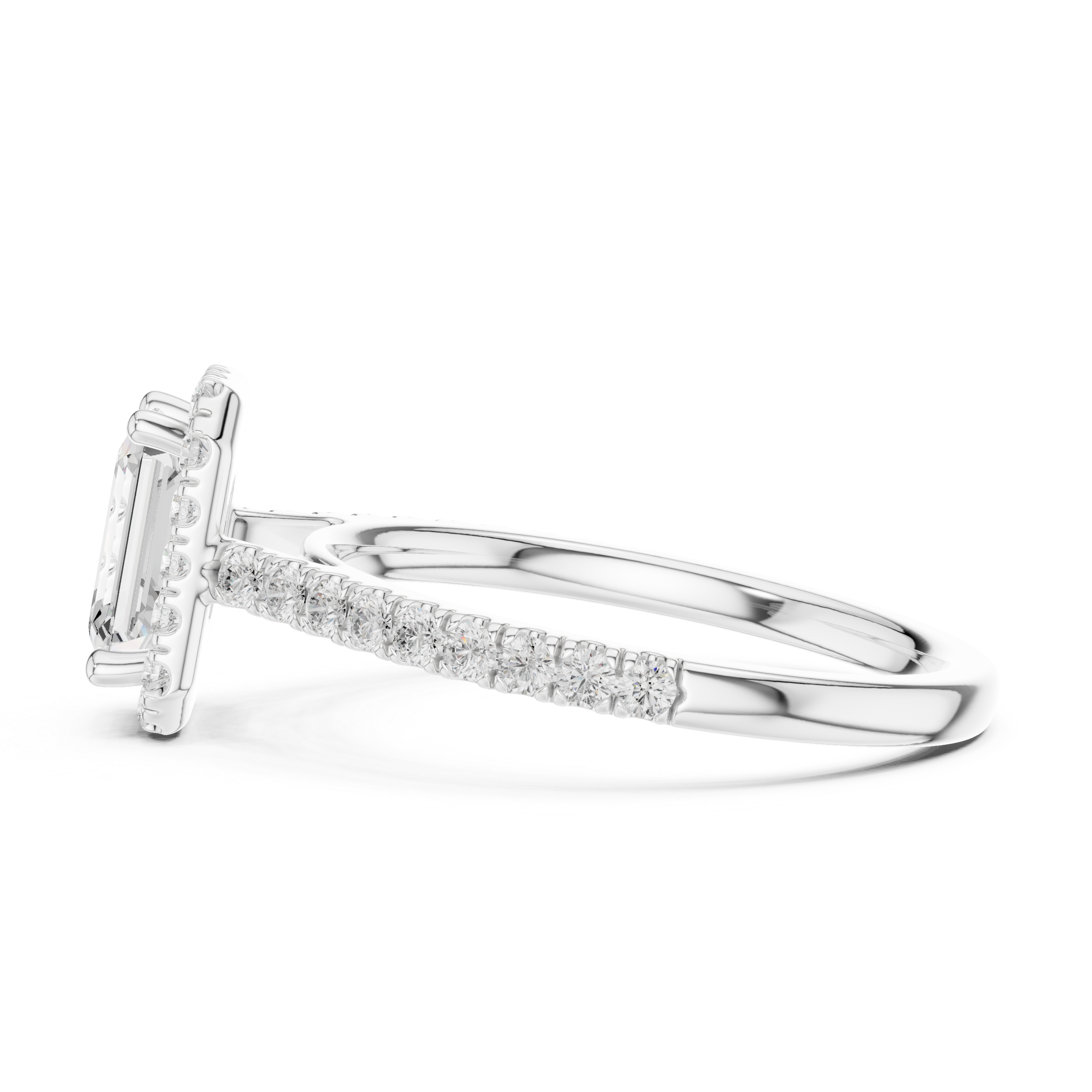 Emerald Cut Lab Grown Diamond Halo Engagement Ring with Pavé Diamond Band