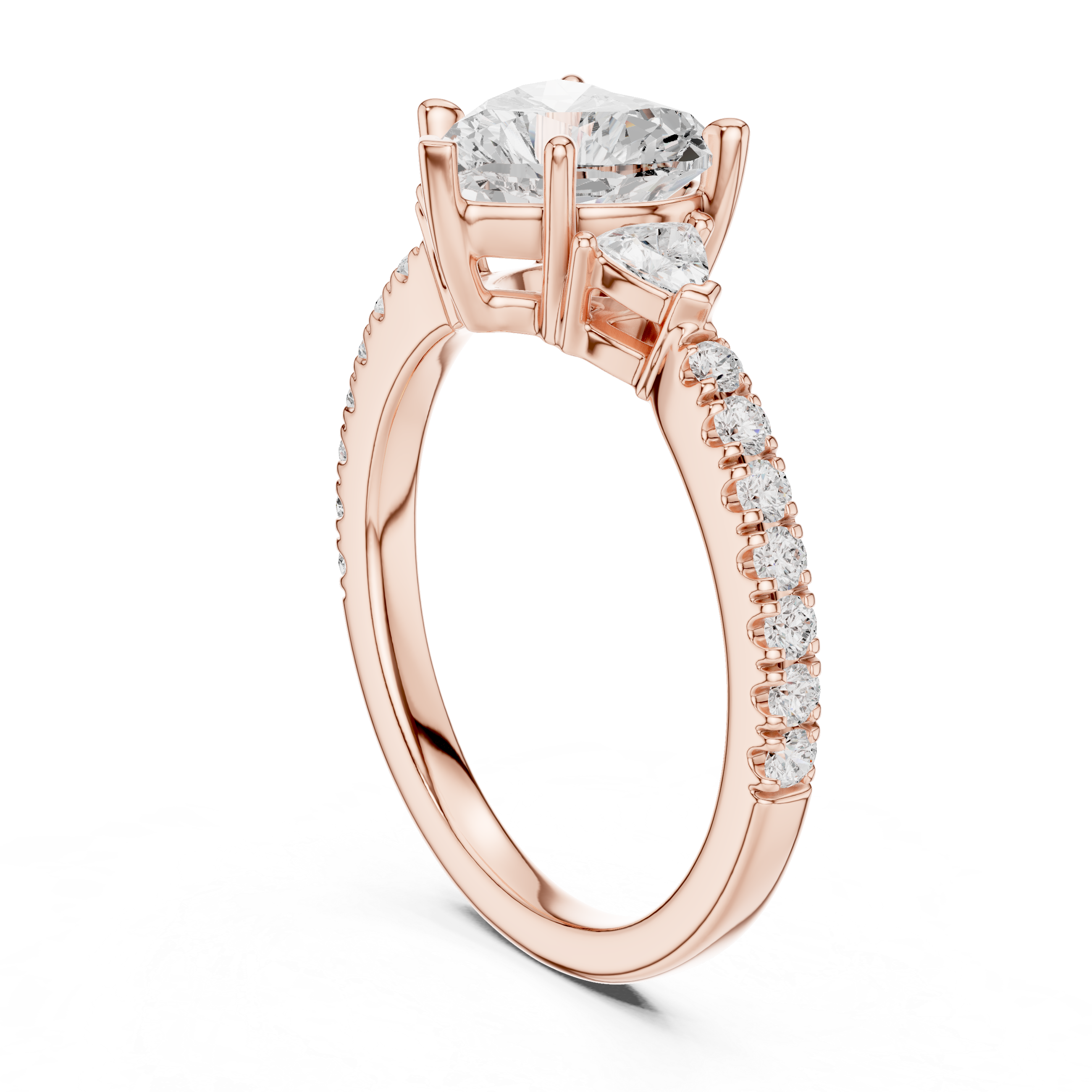 Heart lab diamond ring with side trillion stones and pavé