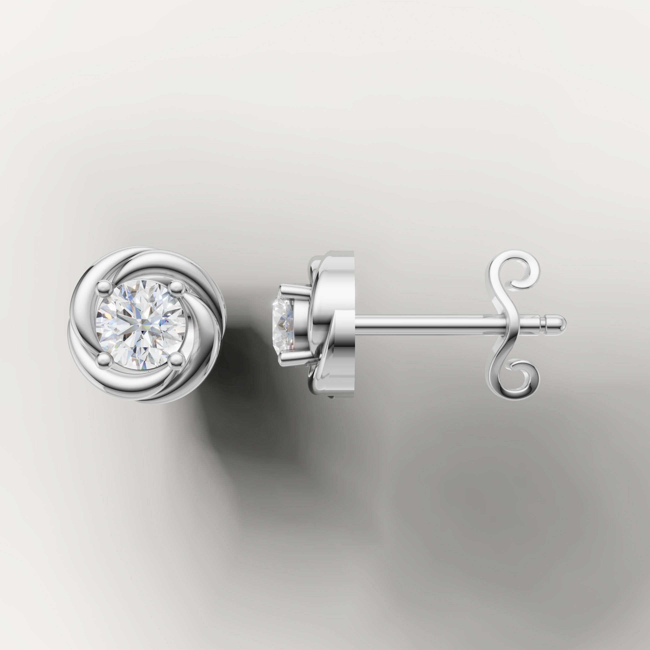 White gold round diamond swirl earrings by Raul Diamonds featuring elegant halo inspired styling