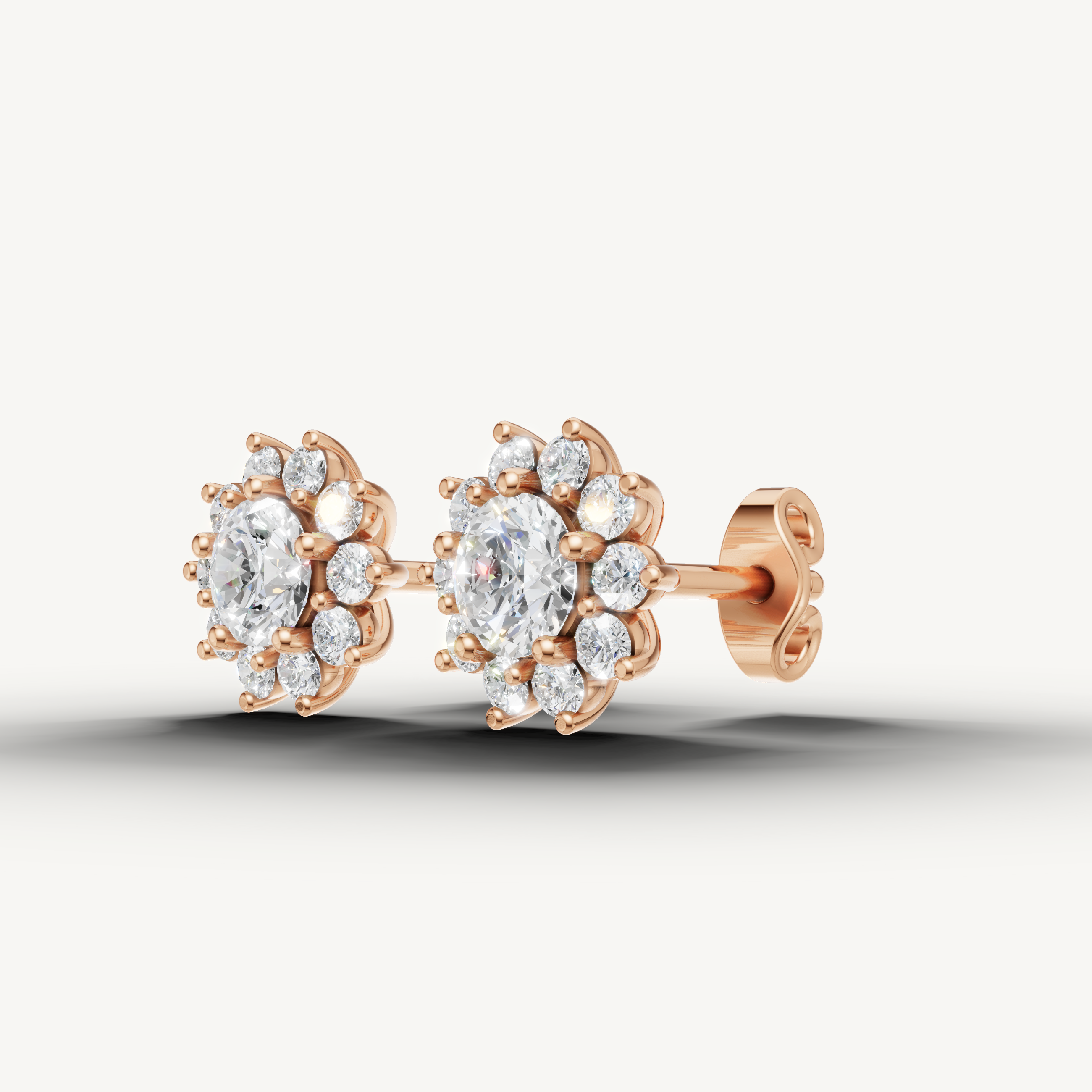 Elegant rose gold floral halo diamond earrings with timeless sparkle by Raul Diamonds