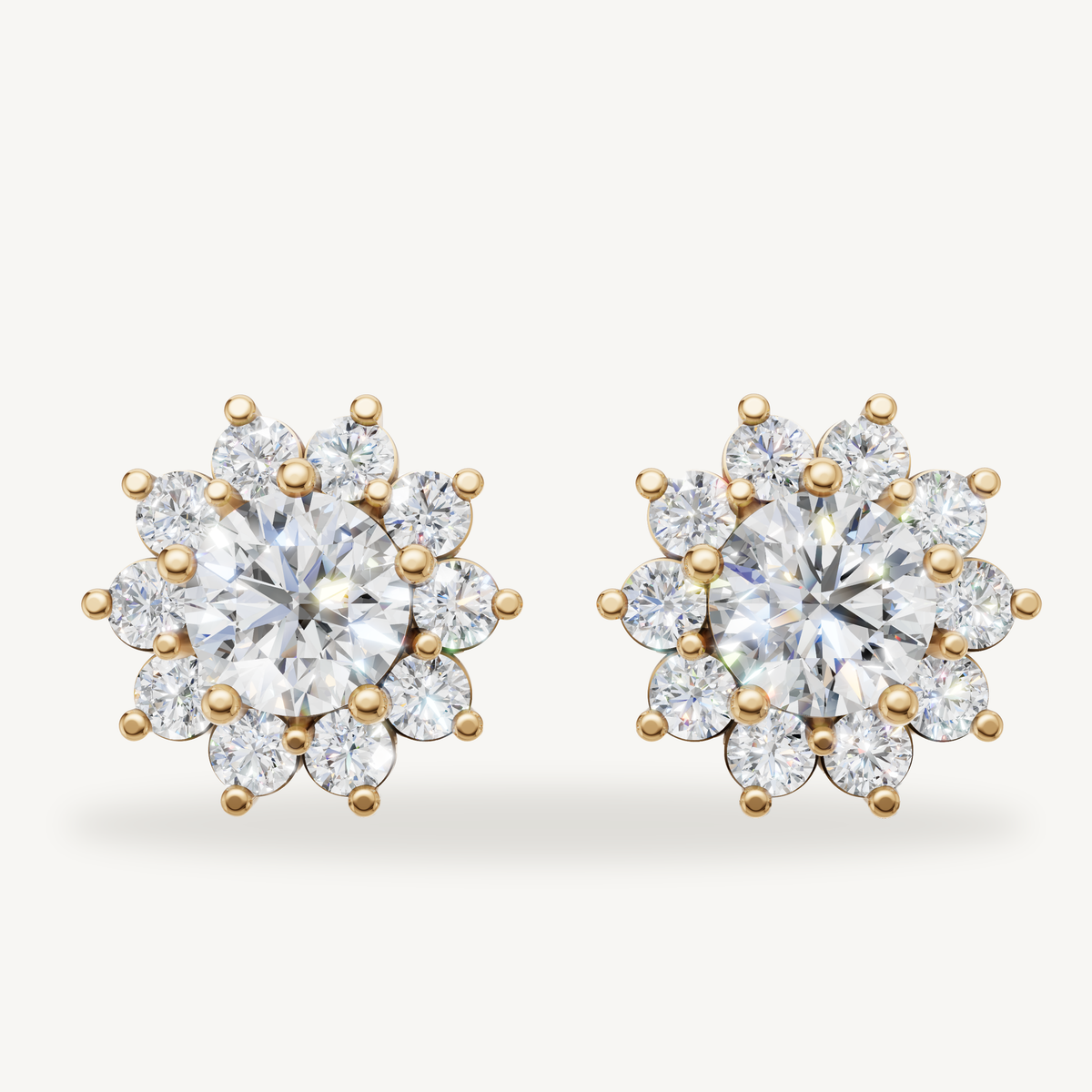 Floral halo lab grown diamond stud earrings in 14K yellow gold by Raul Diamonds