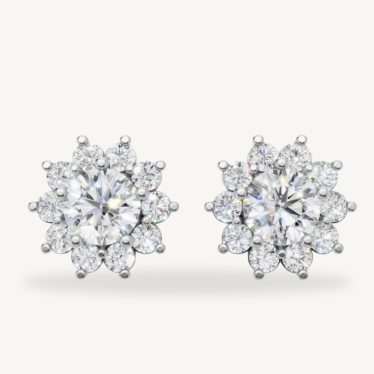 Floral halo lab grown diamond stud earrings in 14K white gold by Raul Diamonds