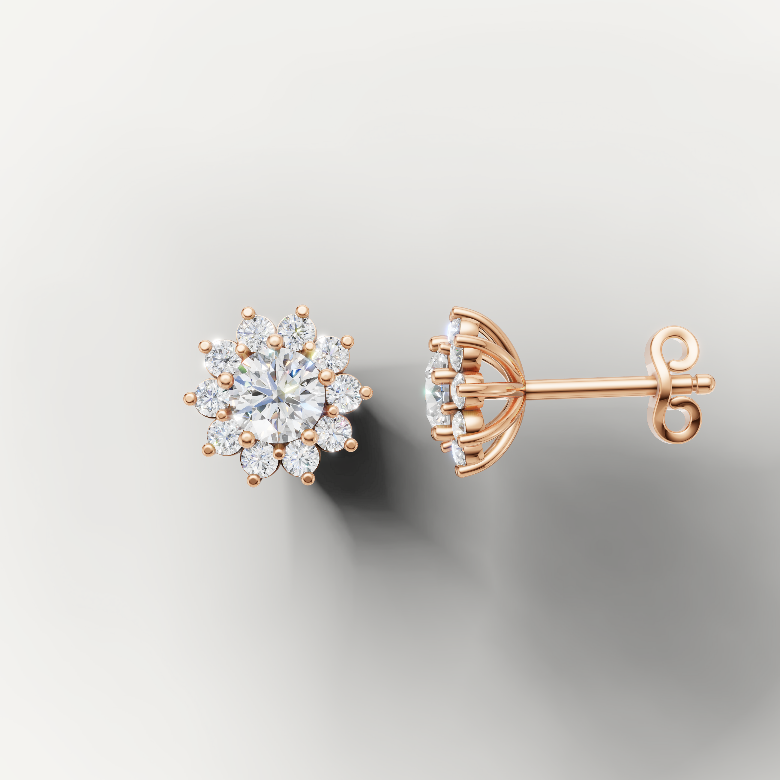 Rose gold flower diamond earrings by Raul Diamonds with round brilliant diamonds