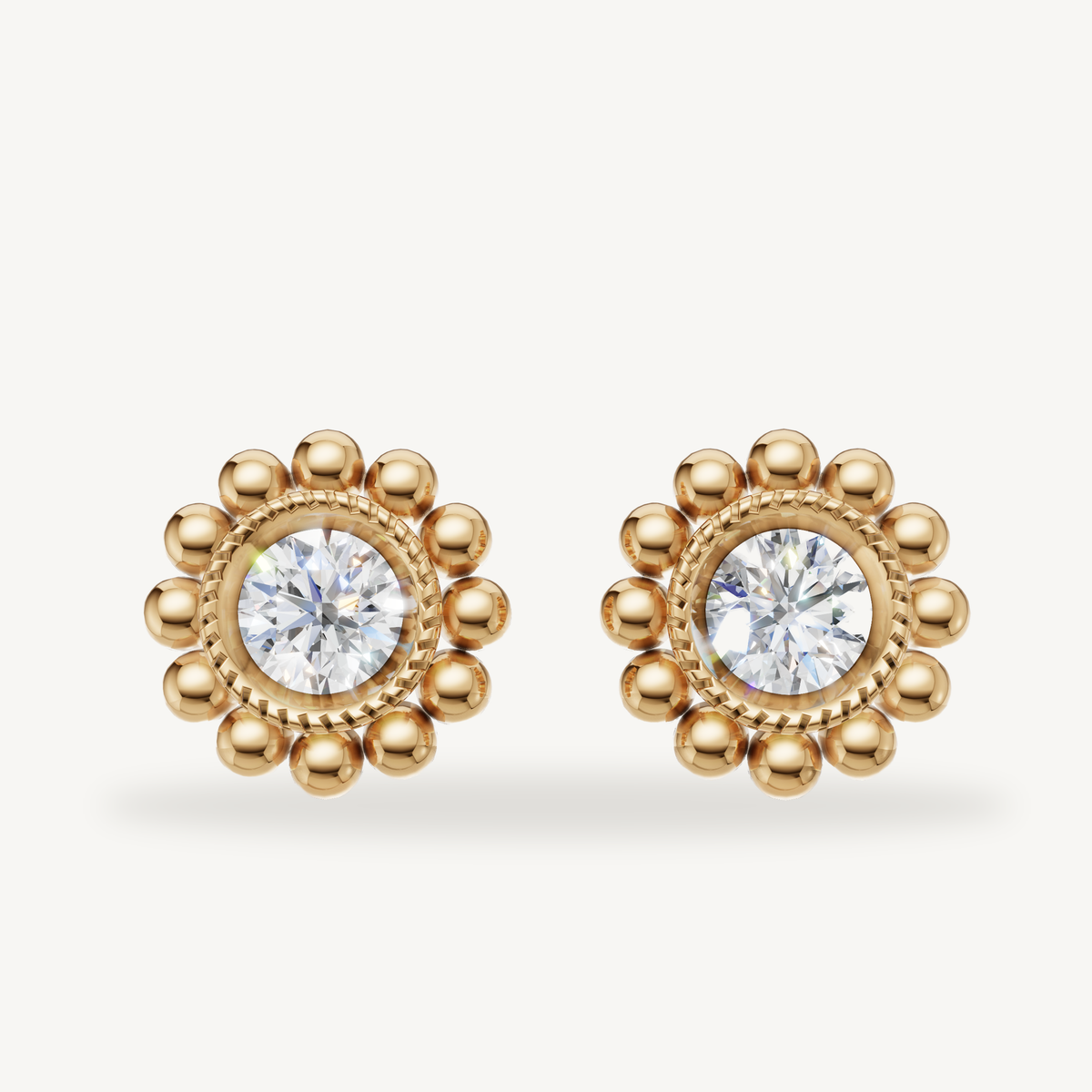 Raul Diamonds yellow gold vintage halo diamond stud earrings with beaded floral design