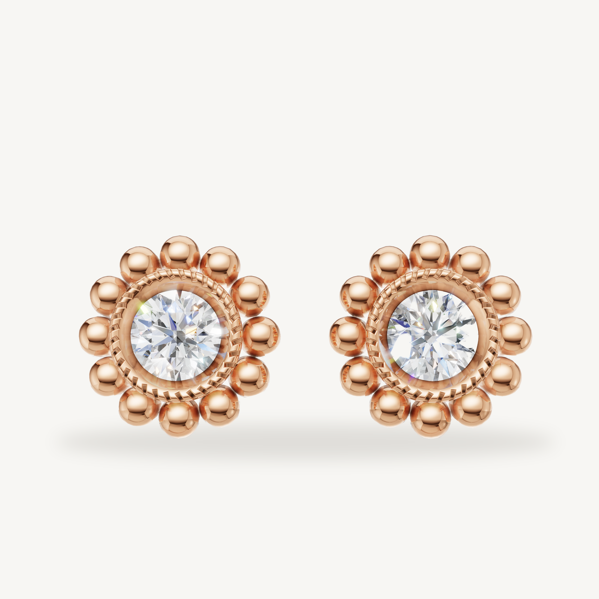 Raul Diamonds rose gold vintage halo diamond stud earrings with floral bead detailing