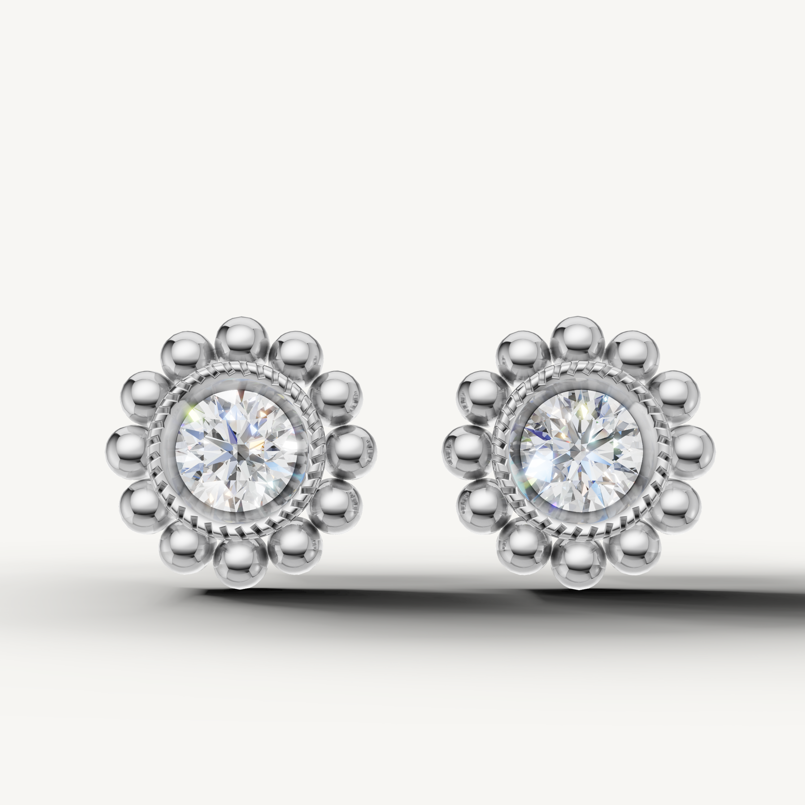 Raul Diamonds white gold vintage halo diamond stud earrings with floral bead accents