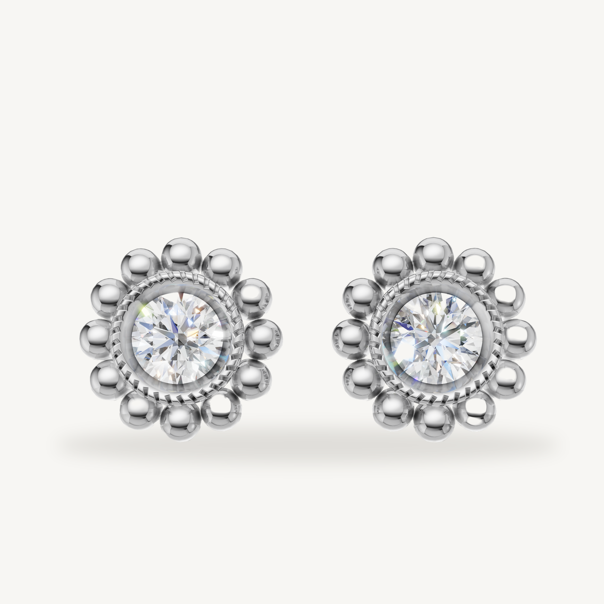 Raul Diamonds white gold vintage halo diamond stud earrings with floral bead accents