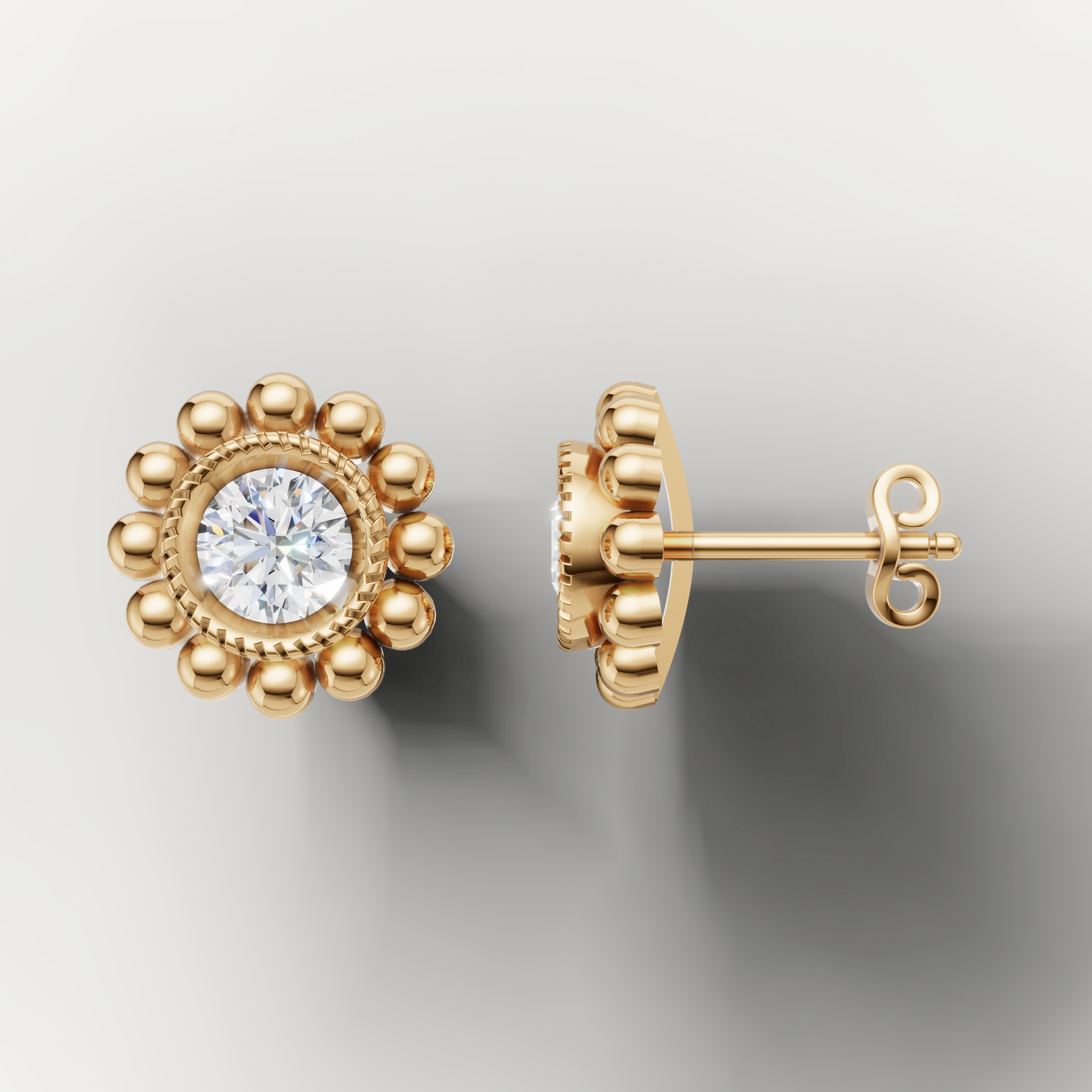Yellow gold round diamond floral earrings by Raul Diamonds with elegant milgrain detailing