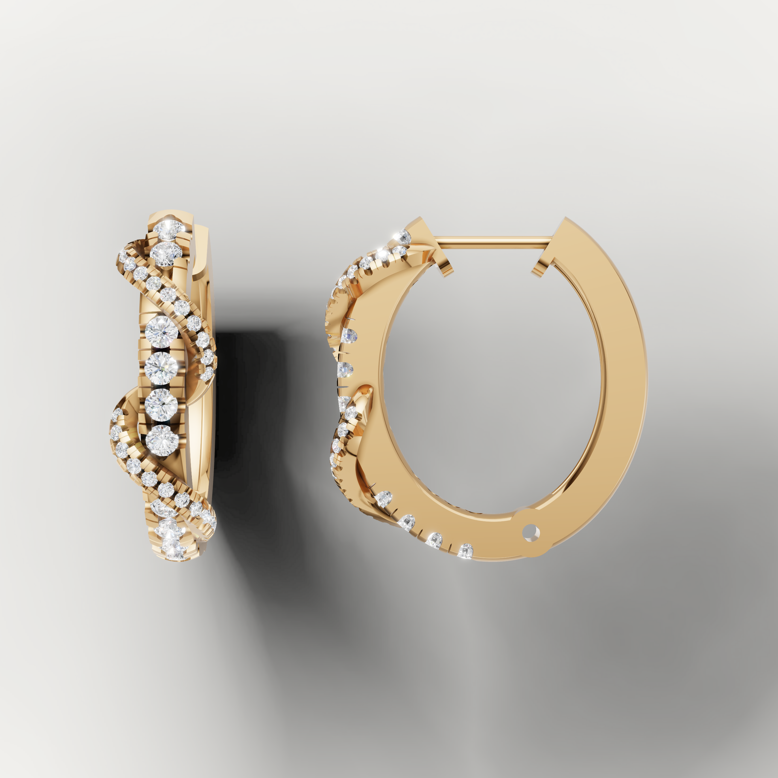 Yellow gold diamond swirl hoop earrings by Raul Diamonds with elegant sparkle