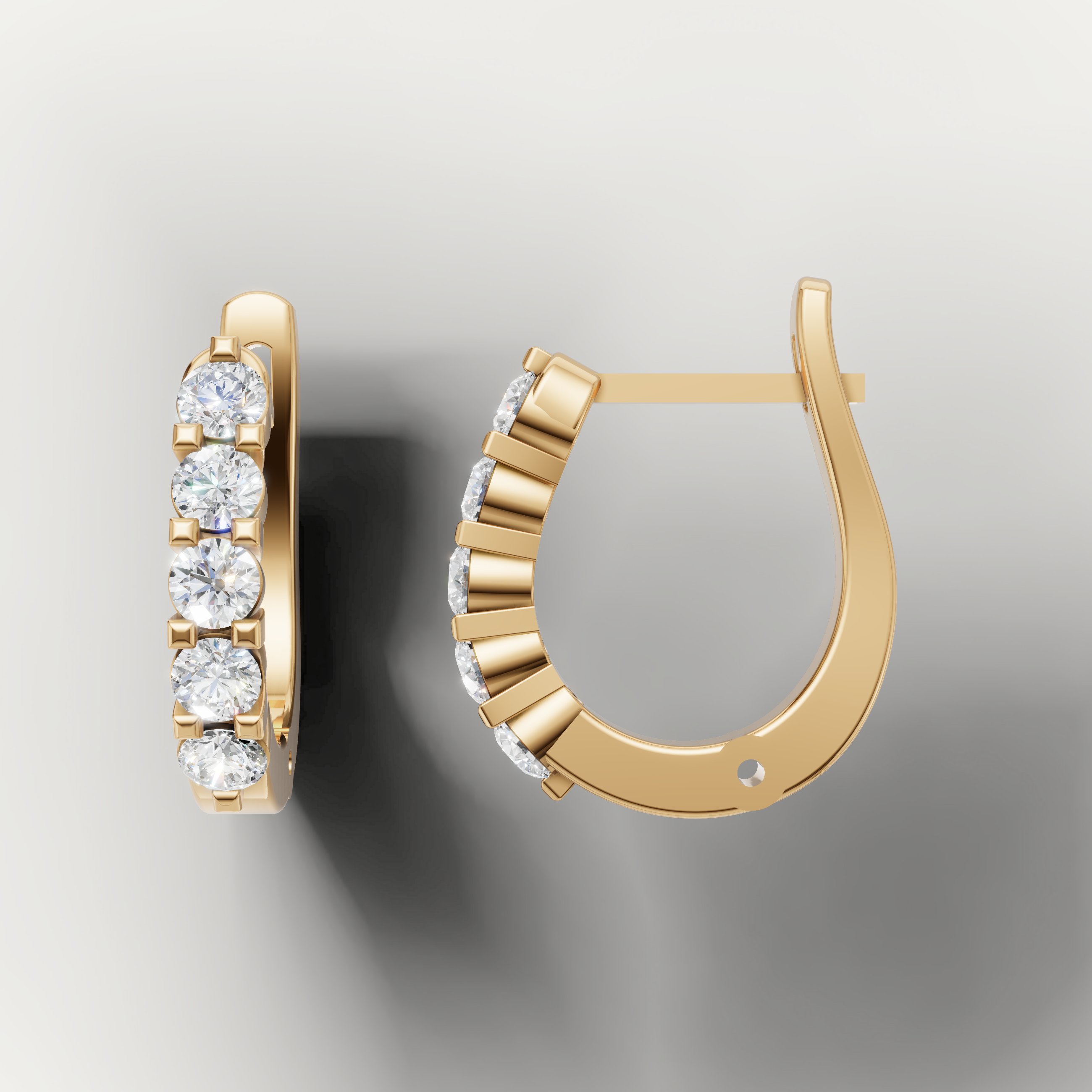 Elegant yellow gold diamond hoop earrings with brilliant round diamonds by Raul Diamonds